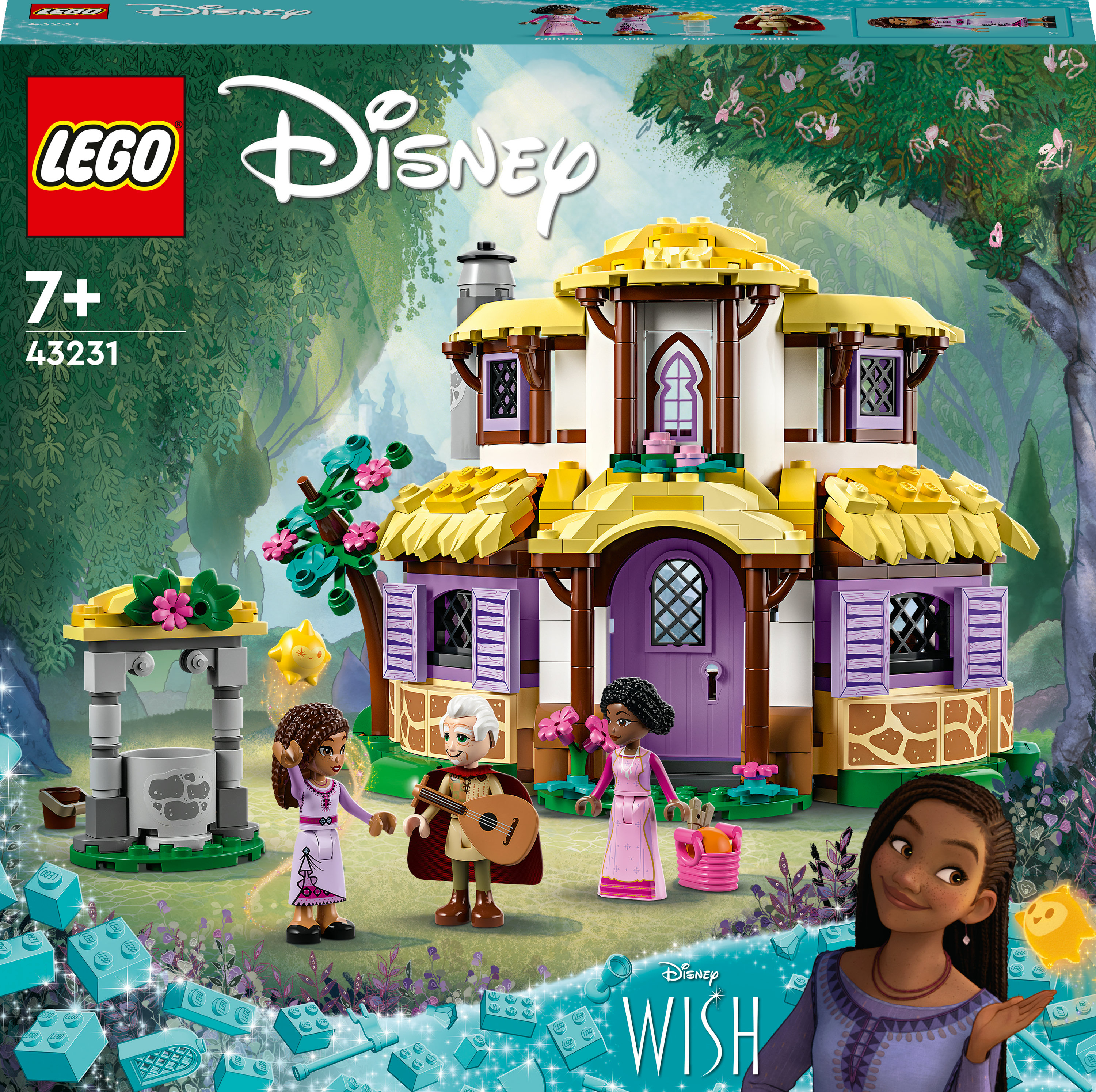 Pudełko zestawu LEGO Disney Wish. Zawiera budynek i postacie. Scena z drzewami i kwiatami.