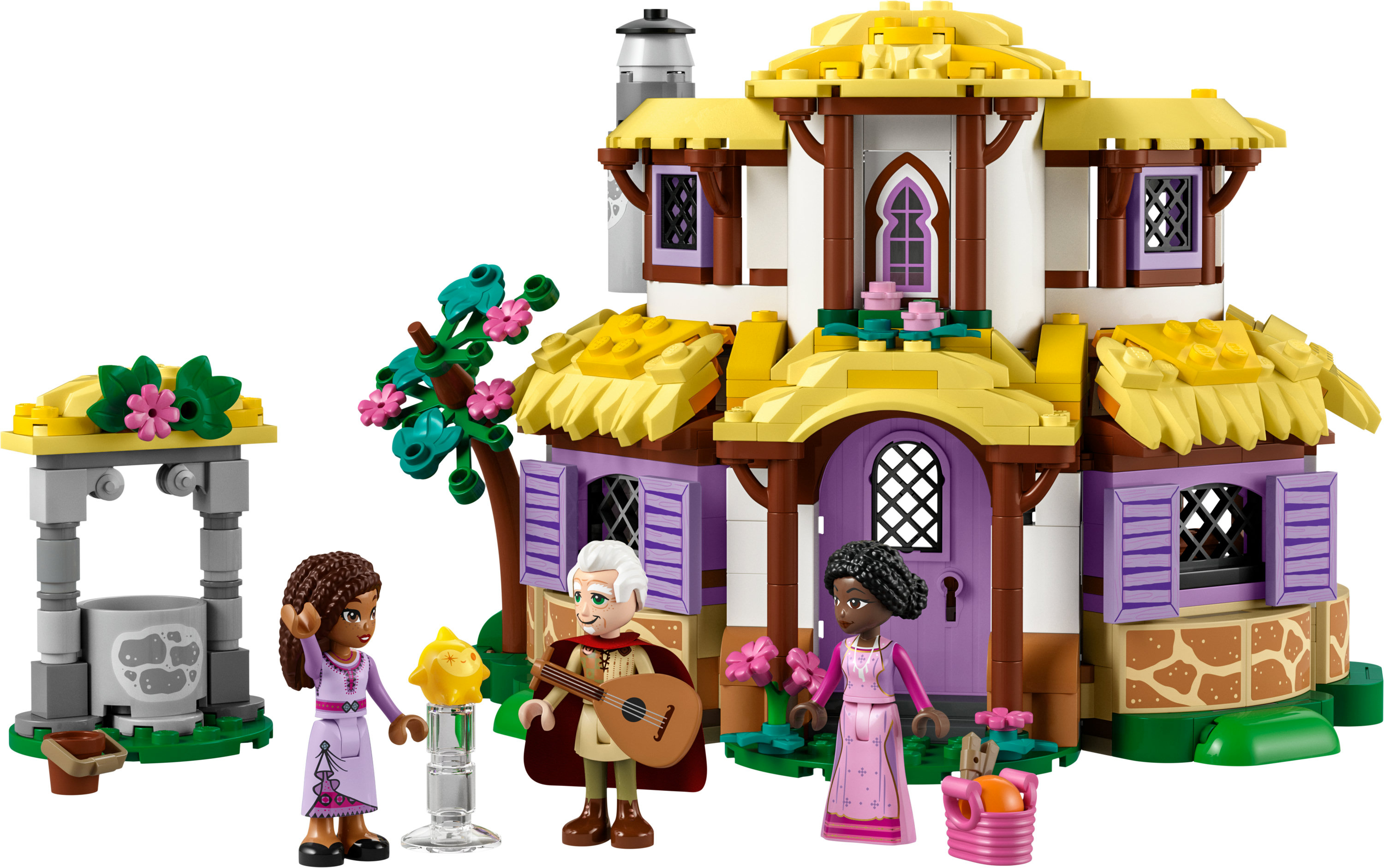 Zestaw Lego Friends przedstawiający dom, studnię i figurki z akcesoriami.