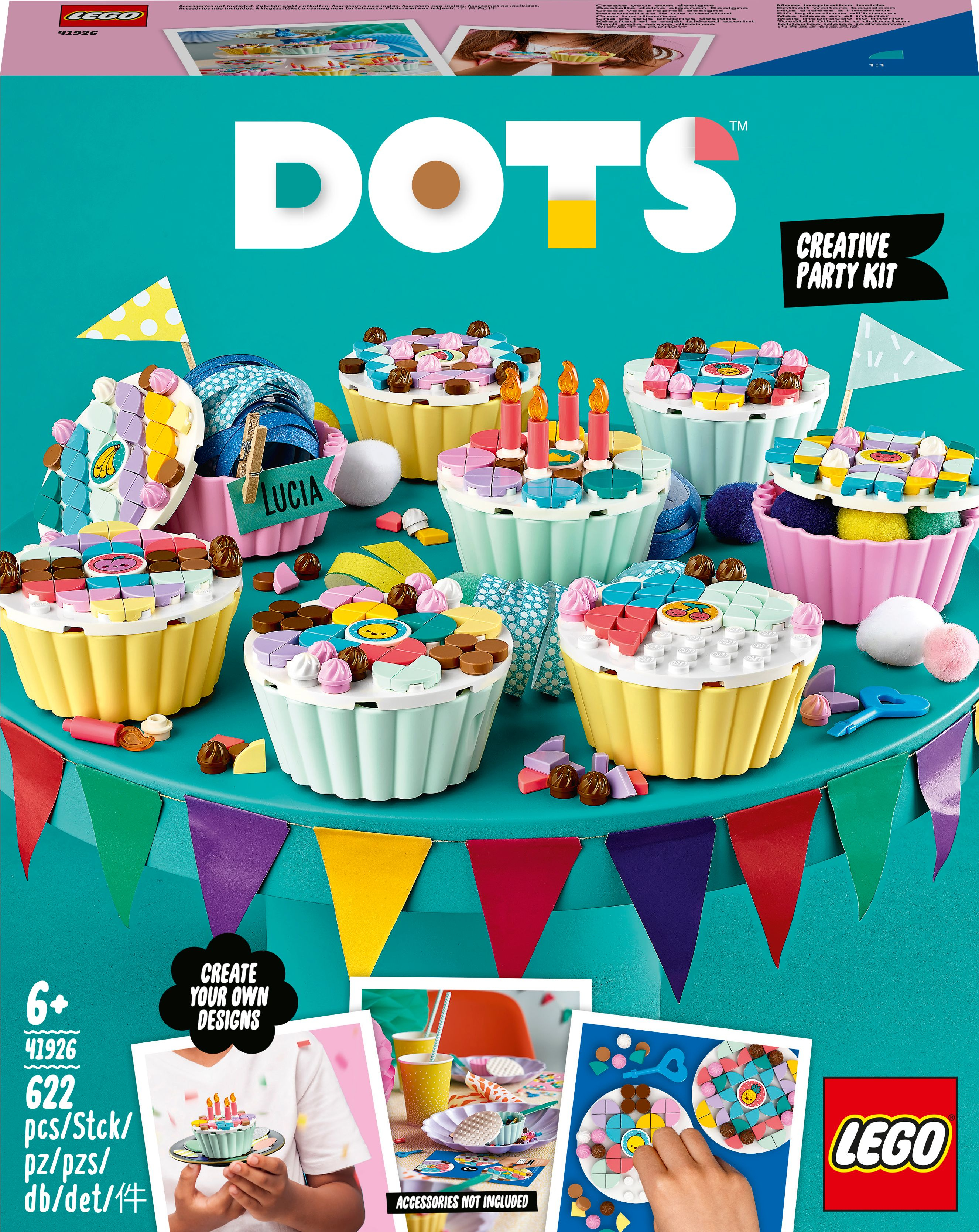 Lego Dots Set mit mehreren cupcake-förmigen Boxen. Enthält bunte Dekorationen, Flaggen und Zubehör.