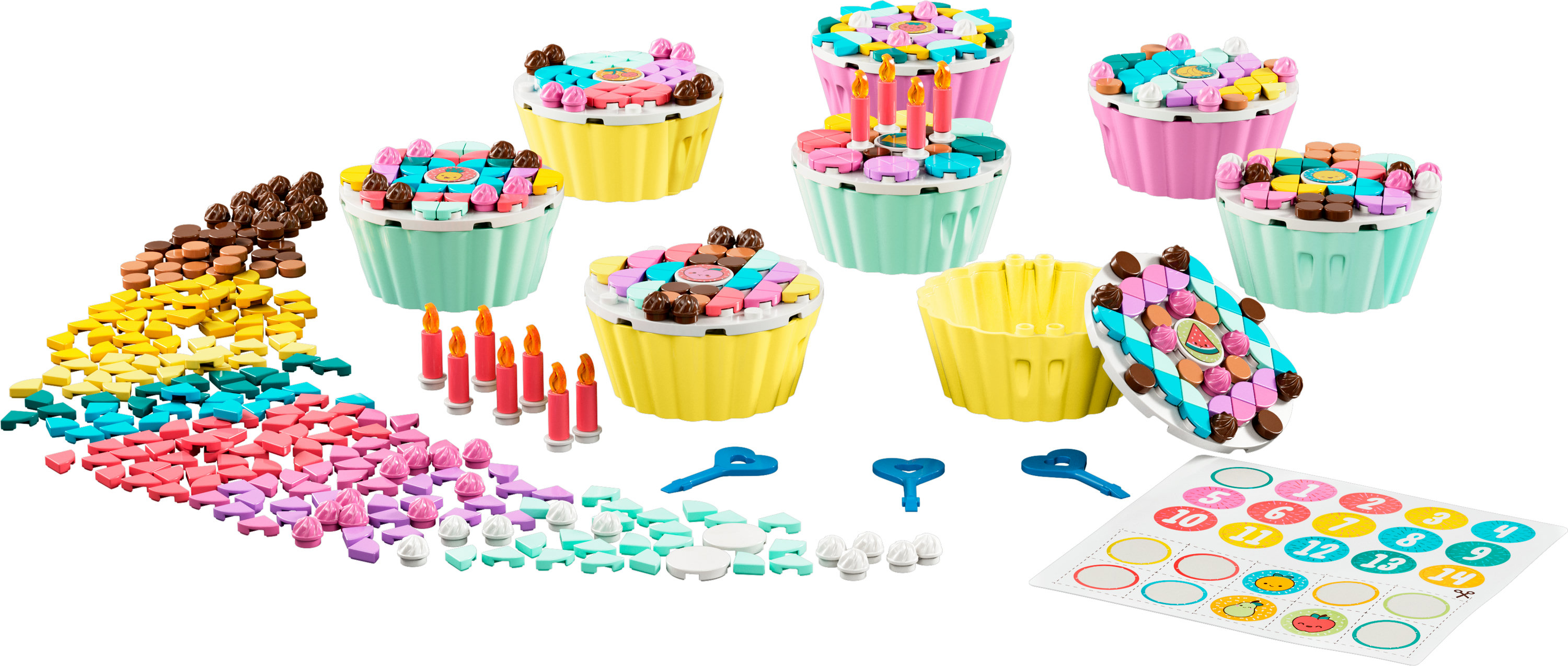 LEGO Cupcake-Set: Bunte Cupcakes mit verschiedenen Dekorationen, Zubehör und einem Aufkleberbogen.