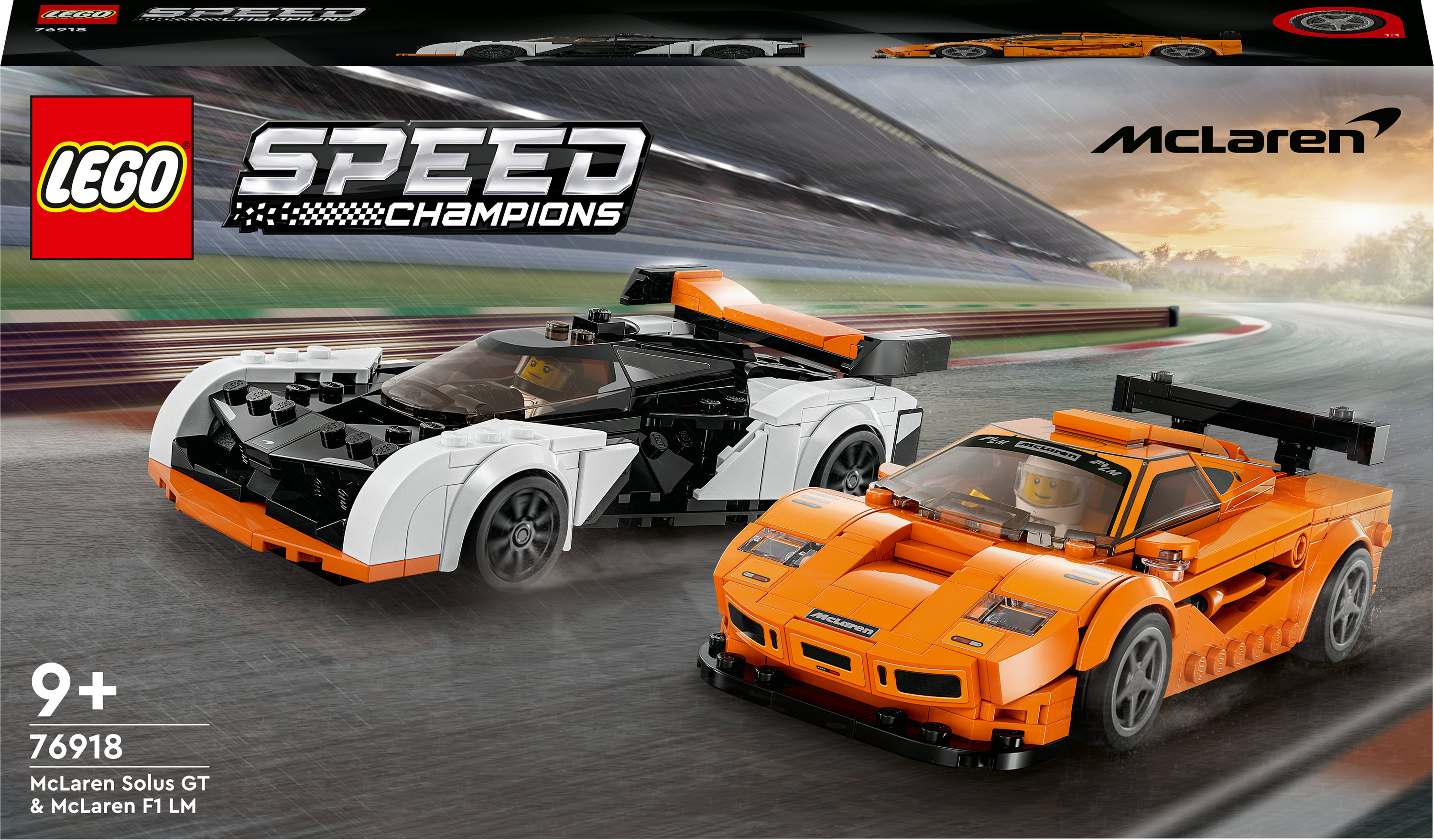 Lego Speed Champions Setbox mit zwei McLaren Rennwagen. Ein schwarzer, ein oranger.