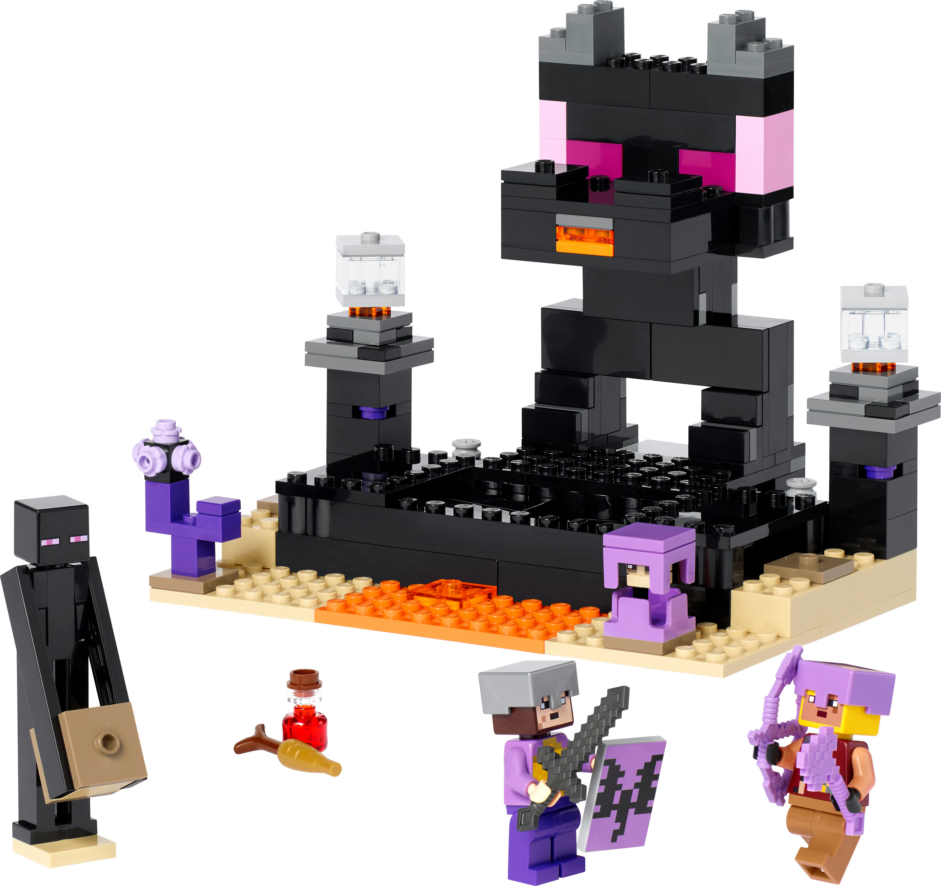Ein LEGO Minecraft Set. Es zeigt eine dunkle Struktur, Minifiguren und eine Wüstenlandschaft mit Lava.