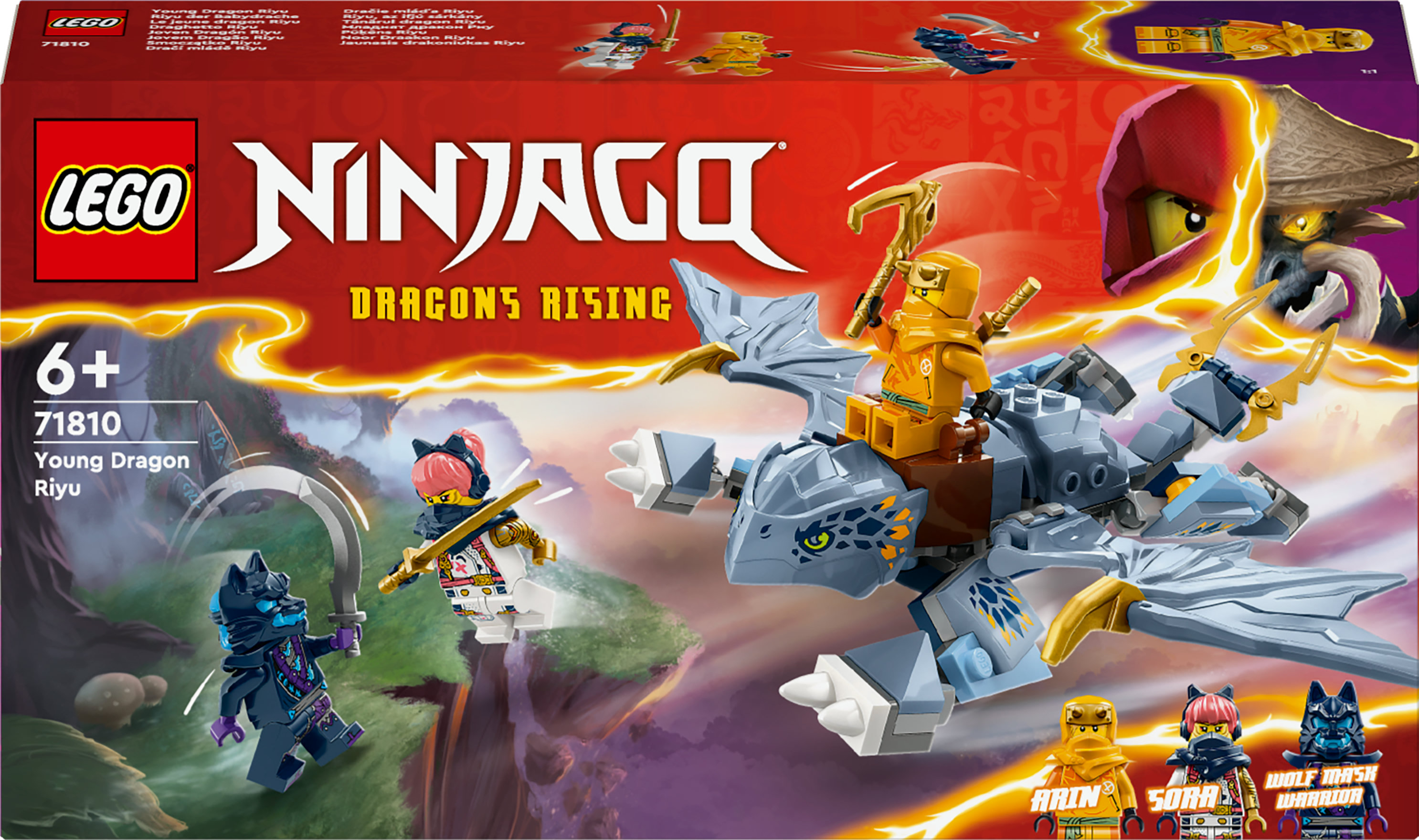 LEGO Ninjago Set mit Drachen und Minifiguren. Rote und orangefarbene Farben.