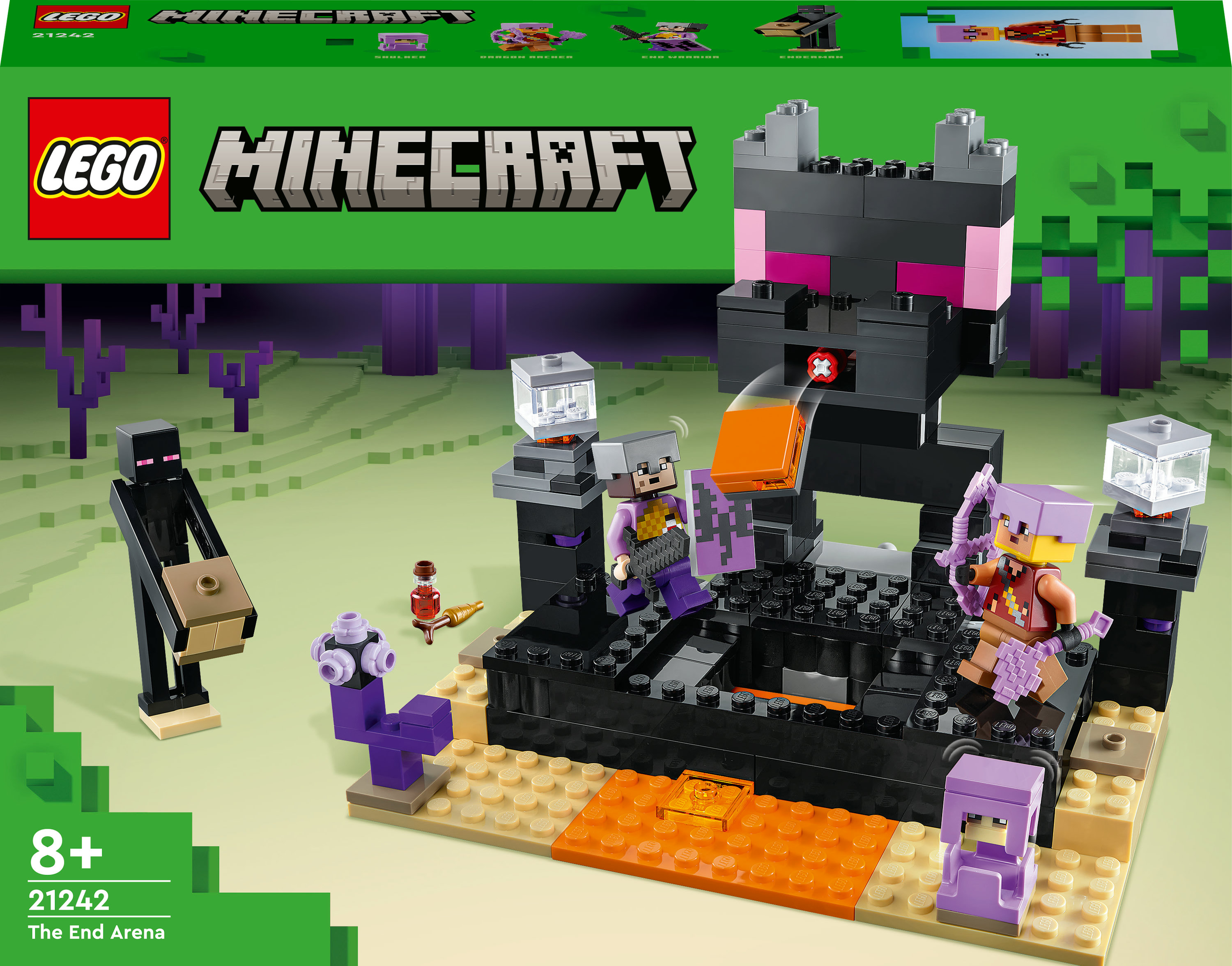 LEGO Minecraft-Set. Eine schwarze Struktur mit Figuren. Grüner Hintergrund mit LEGO-Logo.