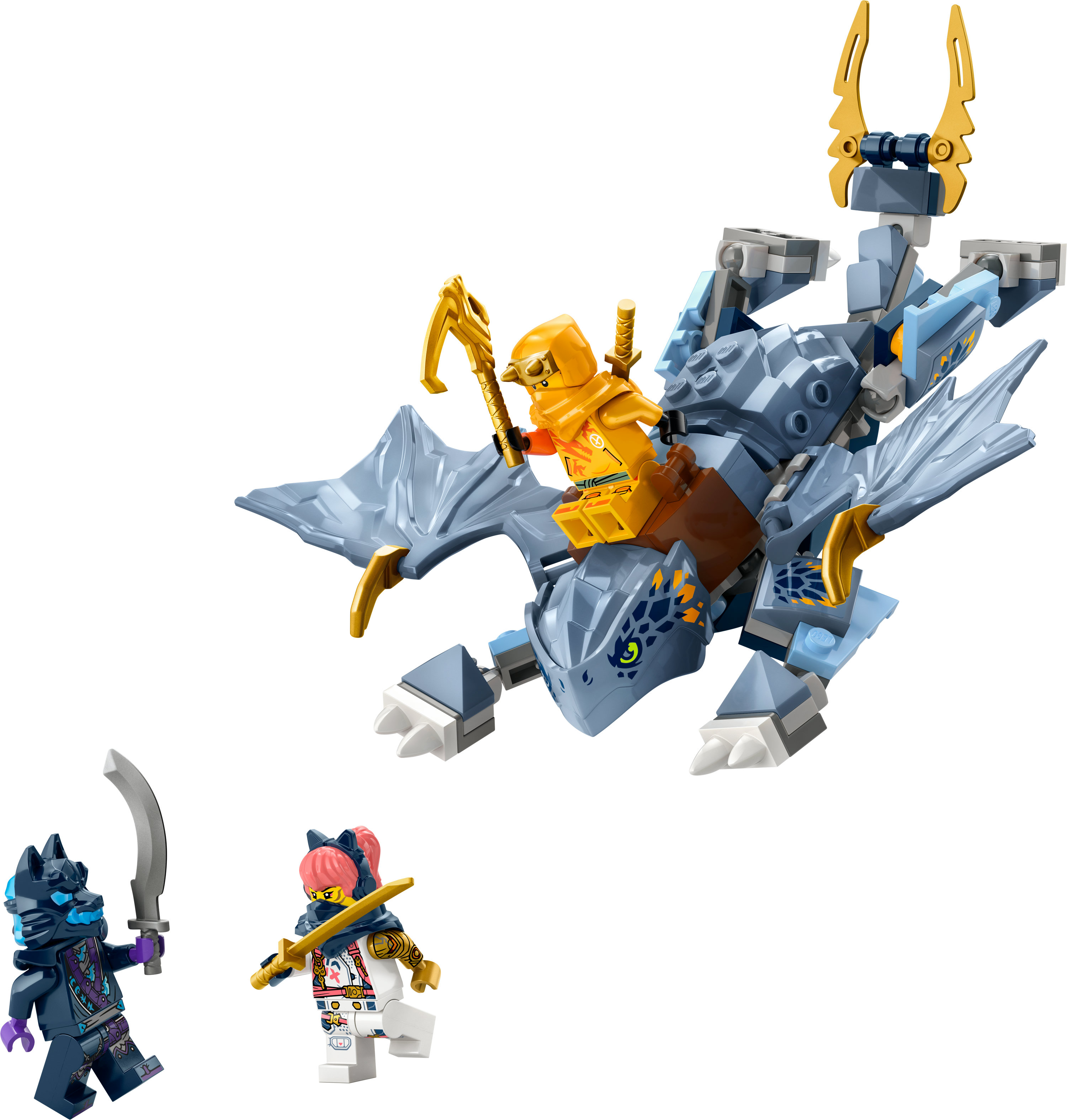 Lego Ninjago Set mit Drachen, Minifiguren und Waffen. Helle Farben und Action-Posen.