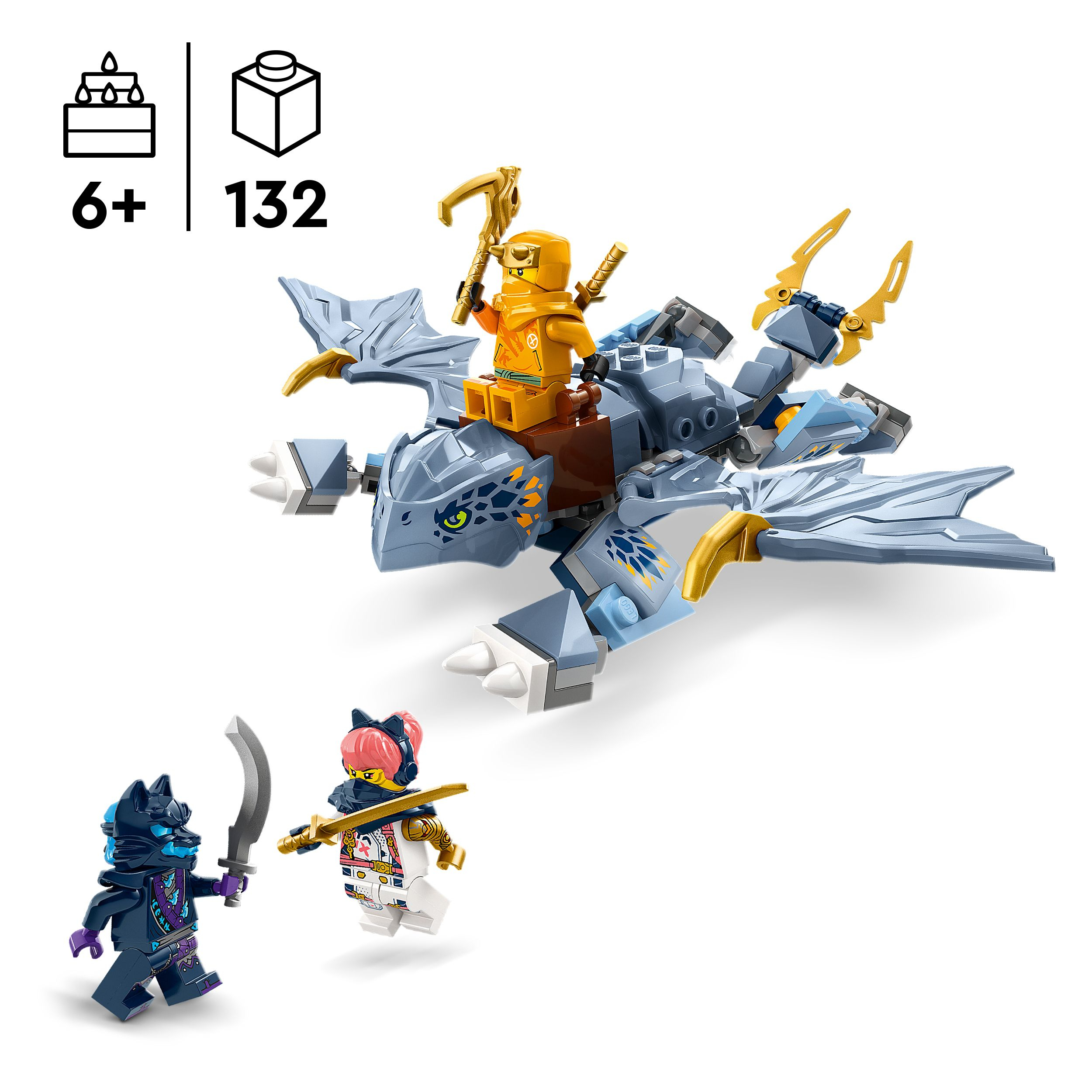Lego Ninjago Set mit Drachen, Minifiguren und Zubehör auf weißem Hintergrund.