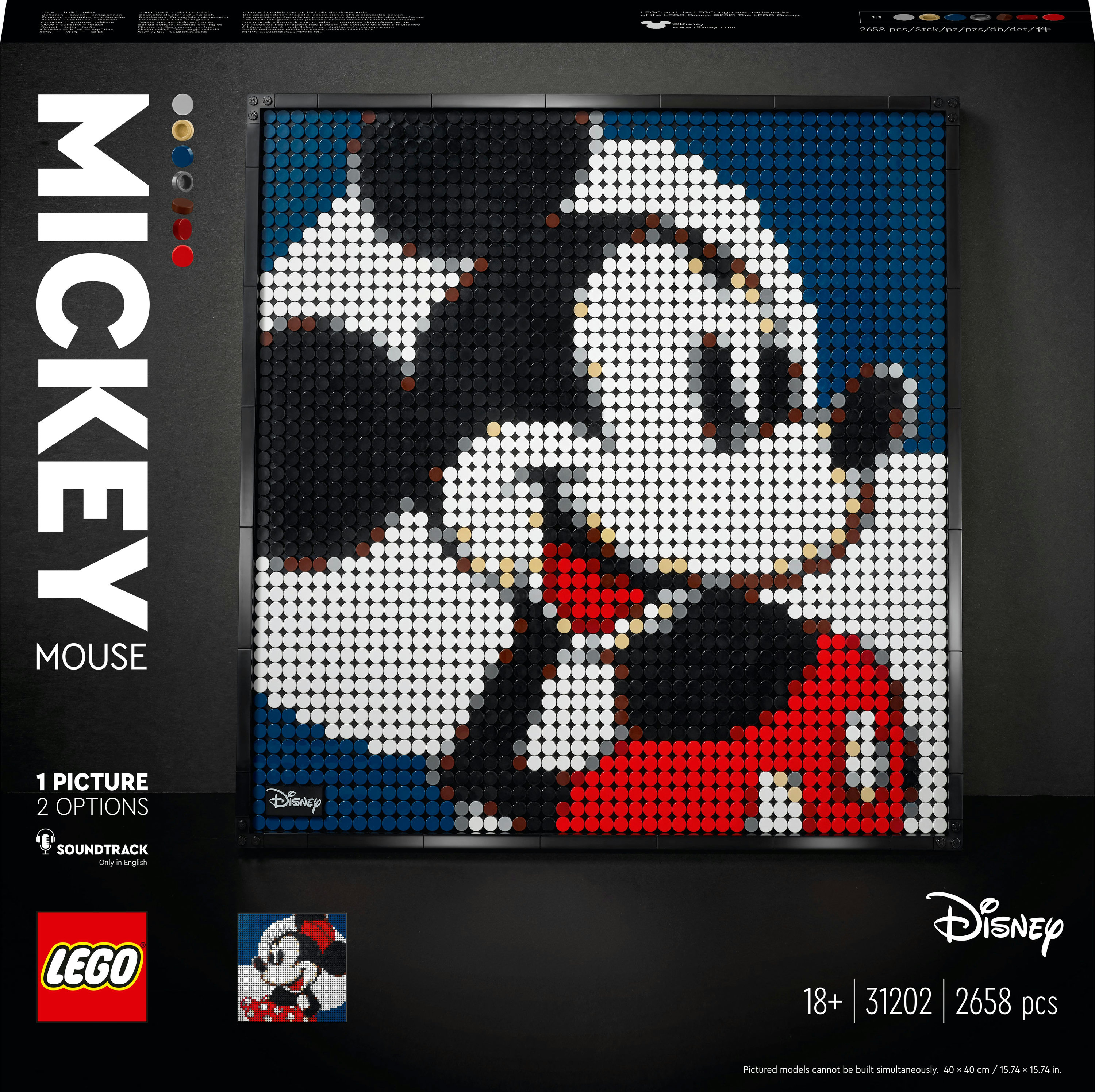 Ein Lego Mickey Mouse Mosaik-Box-Set, das das Kunstwerk von Mickey Mouse zeigt.