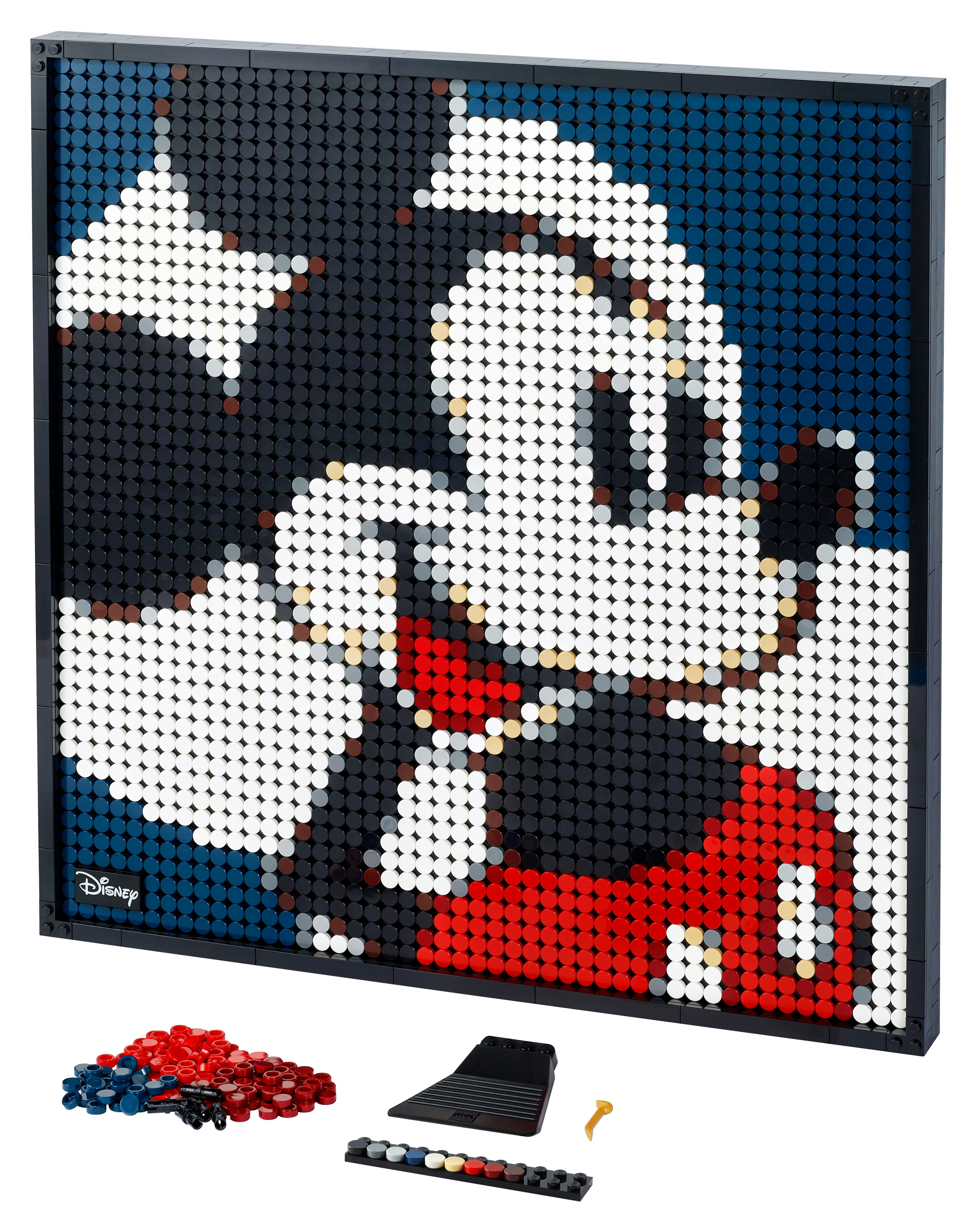 Lego Mickey Mouse Mosaikkunst mit schwarzem Rahmen, auf weißem Hintergrund.