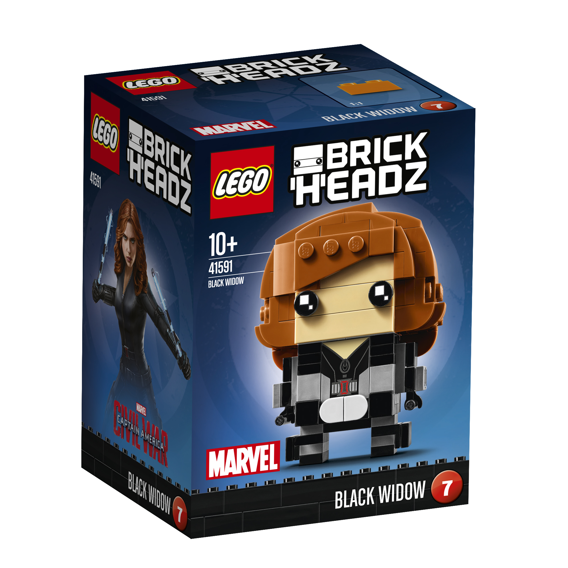 LEGO BrickHeadz Black Widow Box mit der Black Widow Figur und einem Marvel-Logo.