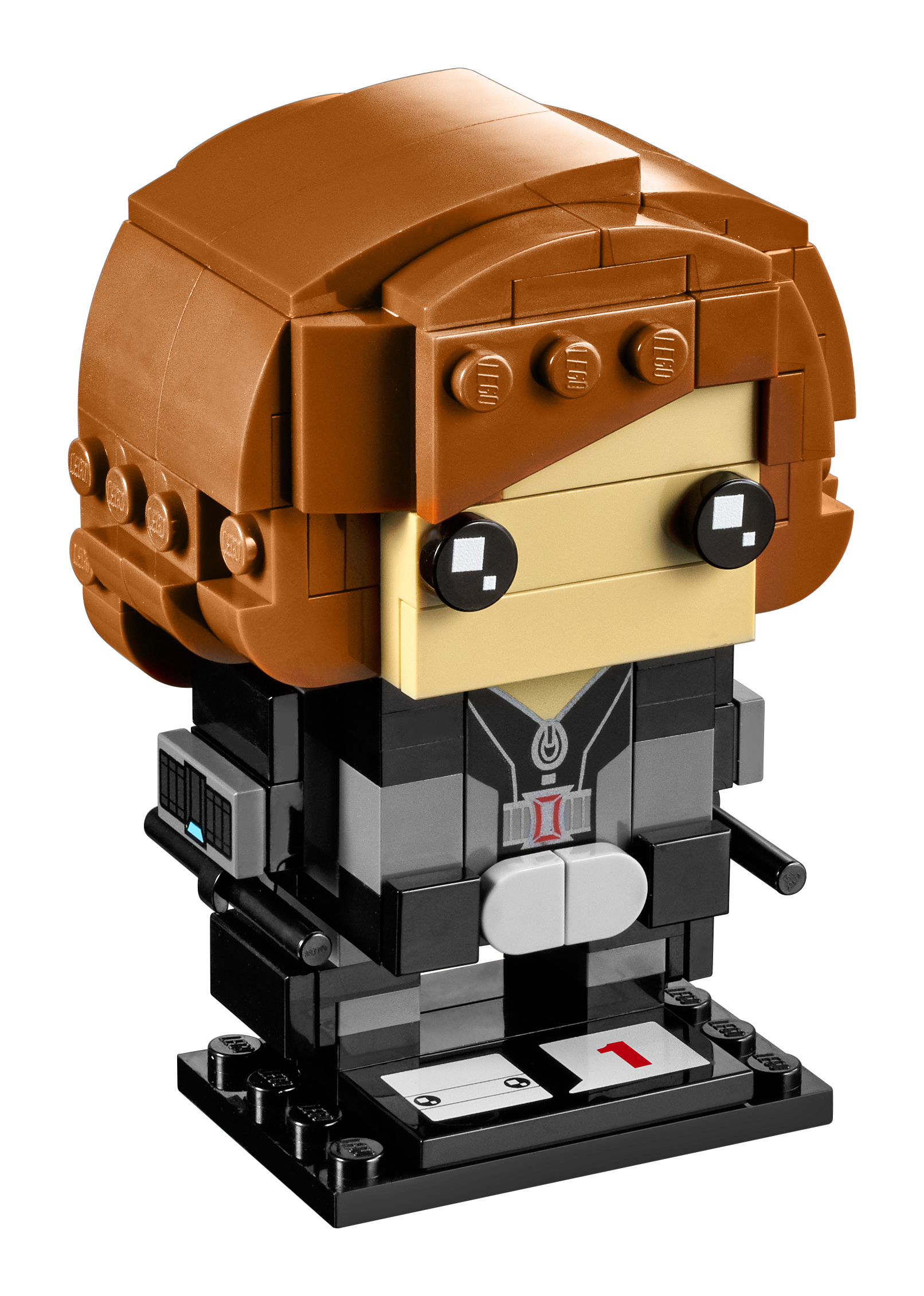 Lego BrickHeadz Black Widow Modell. Die Figur steht in Kampfpose auf einer schwarzen Basis.