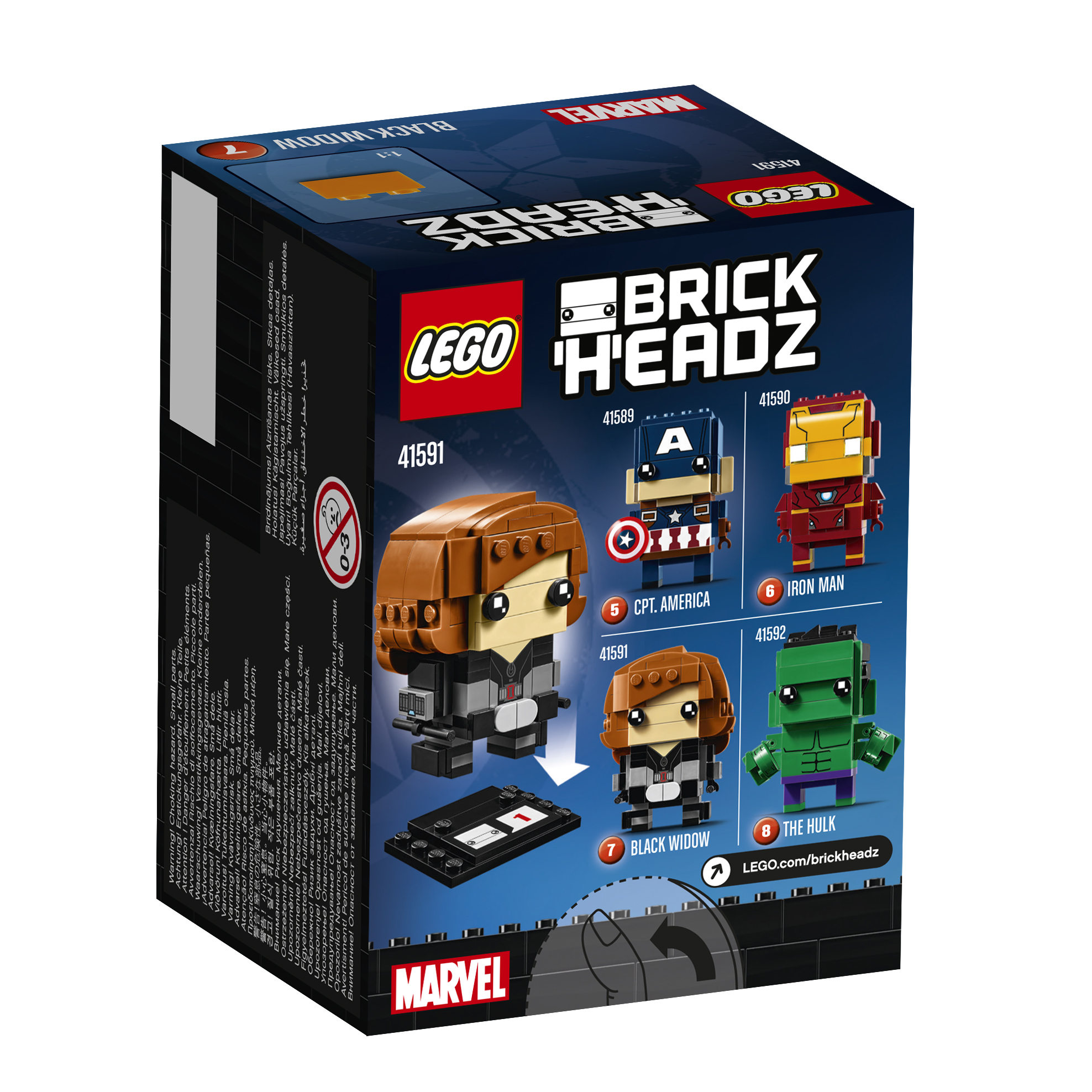 LEGO Marvel Black Widow BrickHeadz Box mit vier Marvel-Charakteren. Black Widow ist abgebildet.