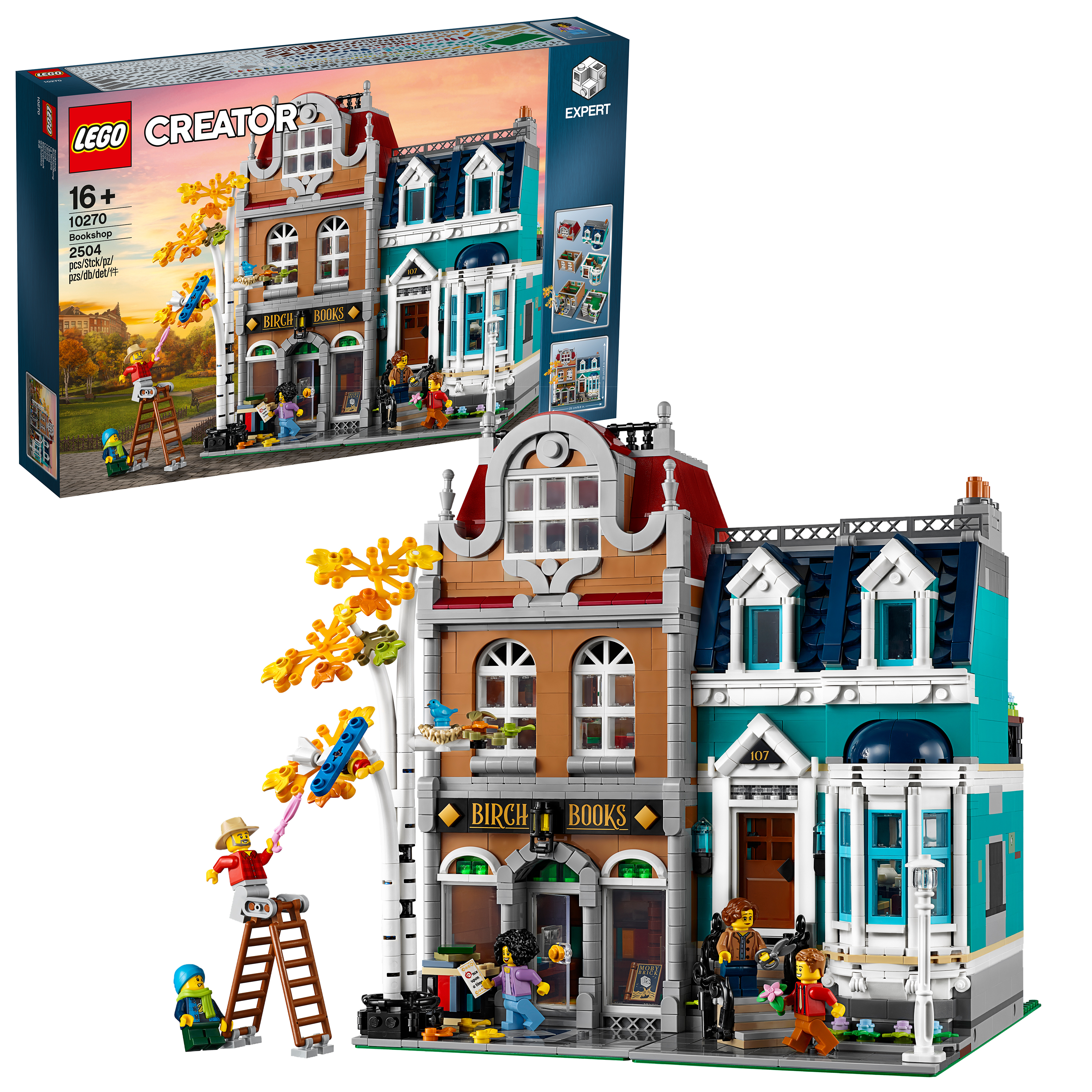 Zestaw Lego Creator Birch Books, z małą figurką Lego wspinającą się po drabinie.