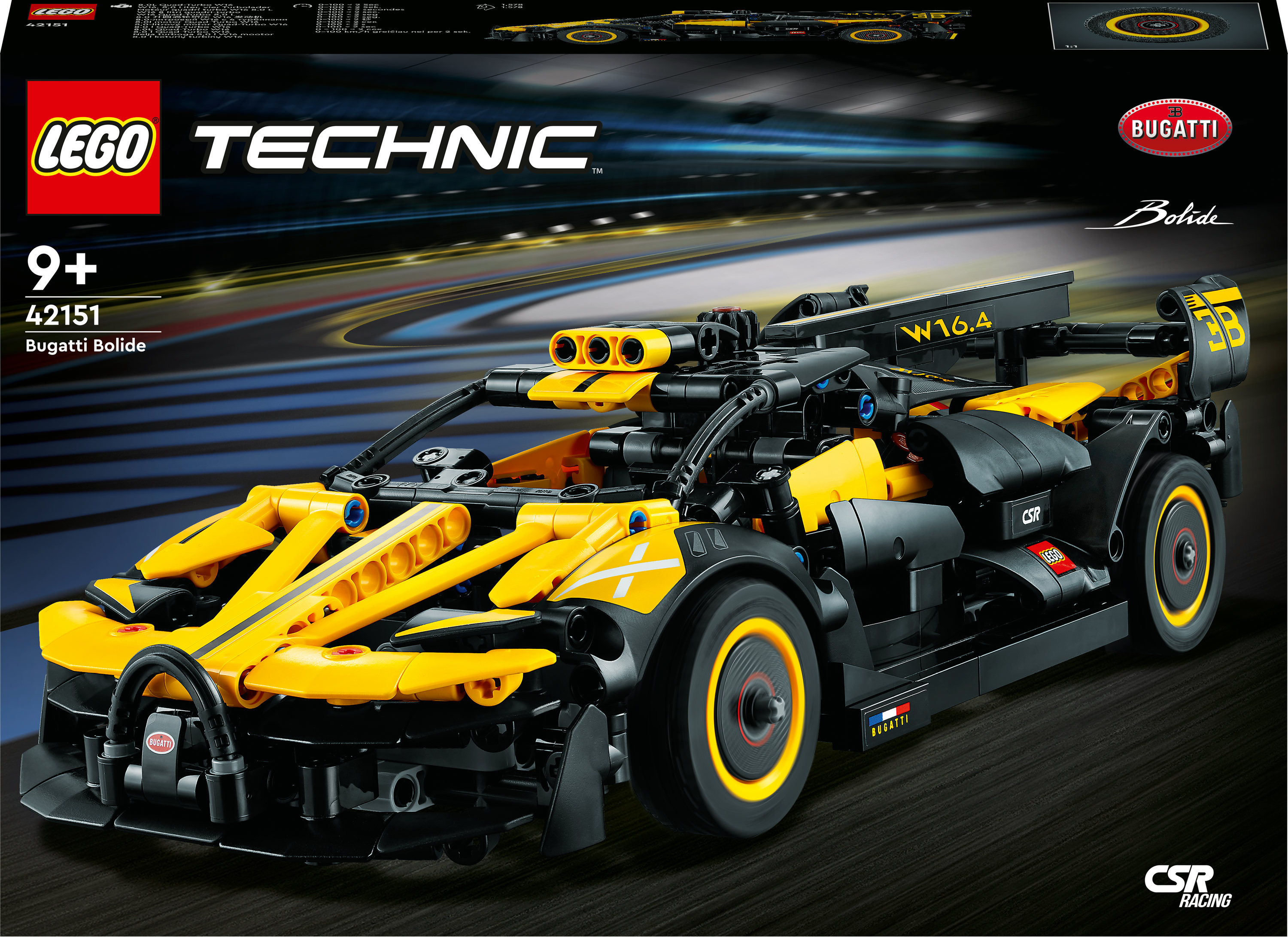 Pudełko Lego Technic Bugatti Bolide. Widoczny jest model czarno-żółtego samochodu sportowego.
