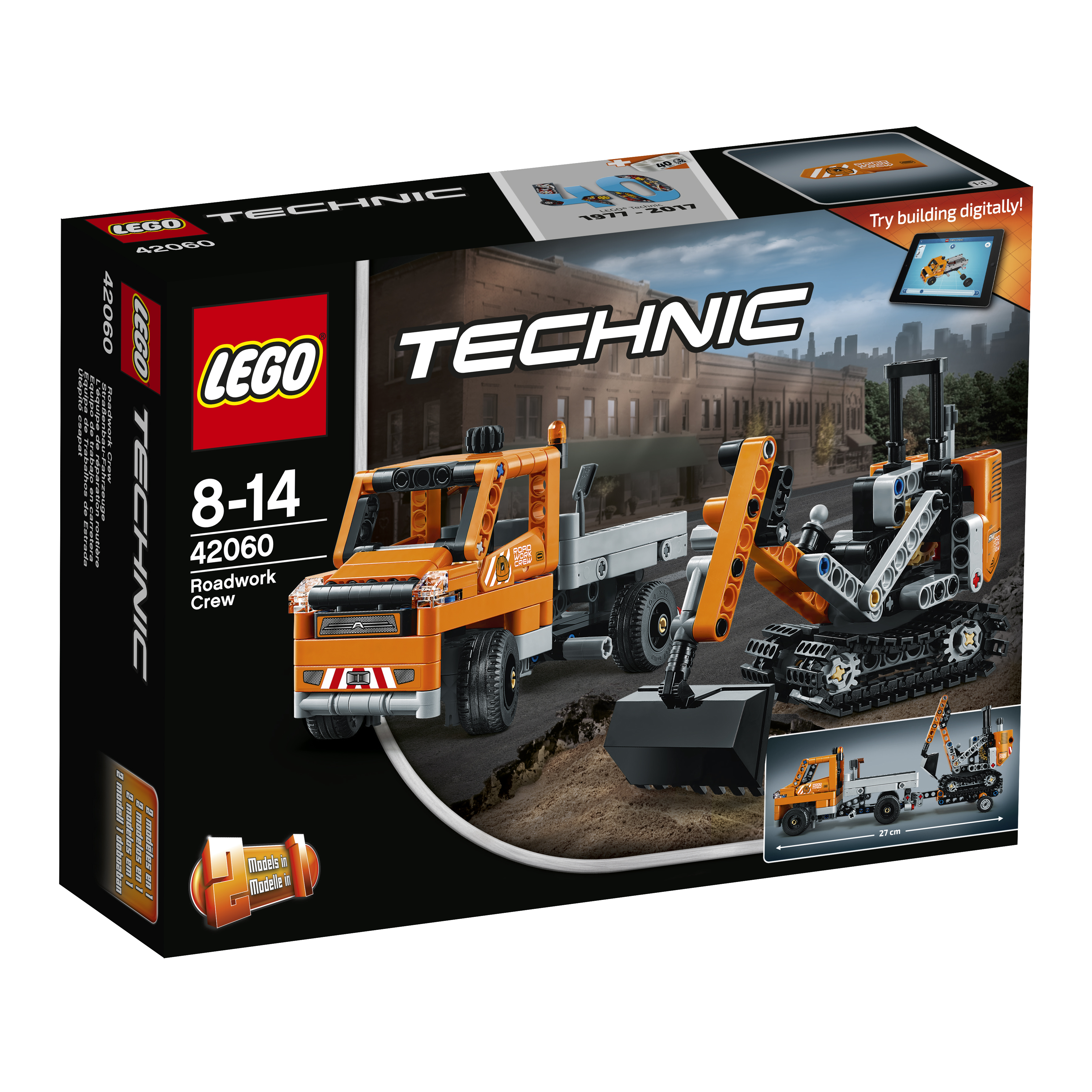 Lego Technic doos: oranje vrachtwagen en graafmachine. Achtergrond: gebouwen, lucht. Leeftijd 8-14.