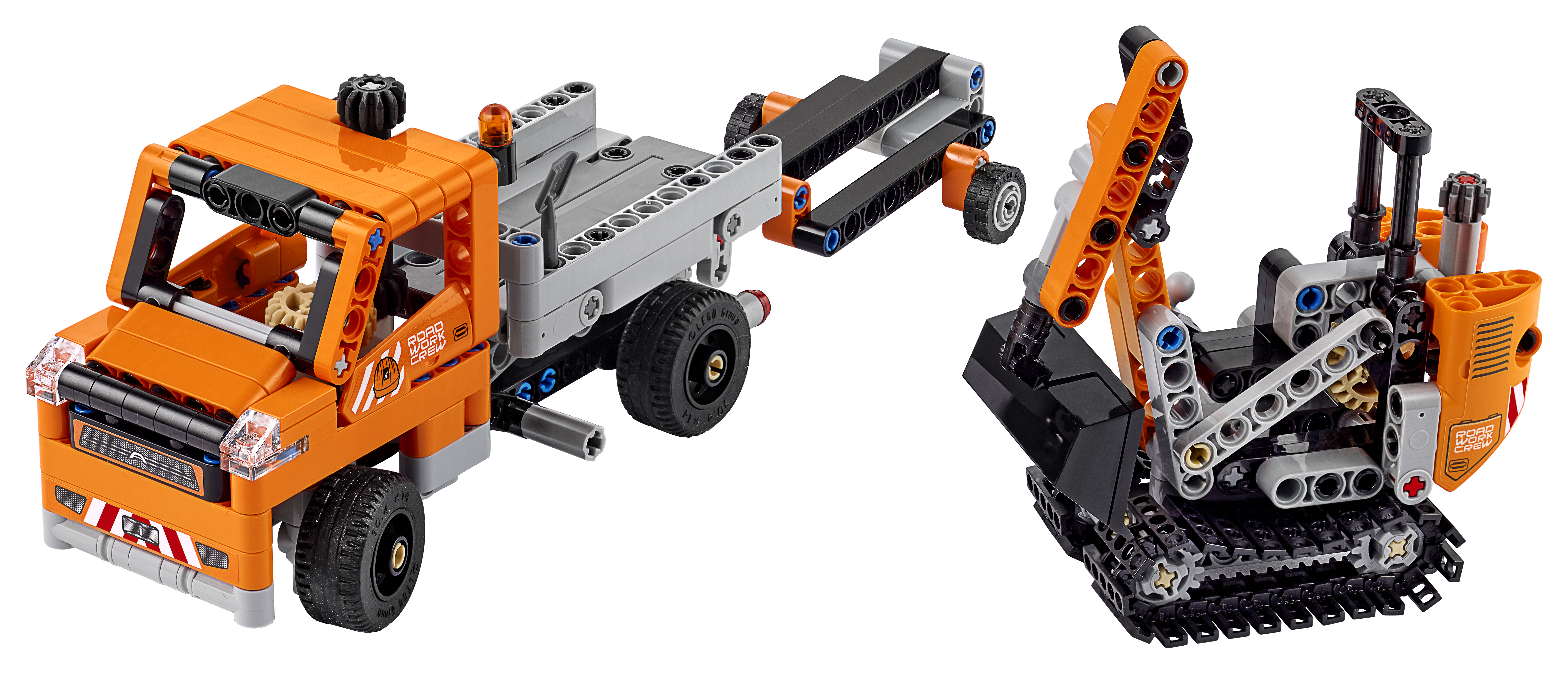 Lego Technic set van een oranje takelwagen en een bouwmachine met een graafarm.
