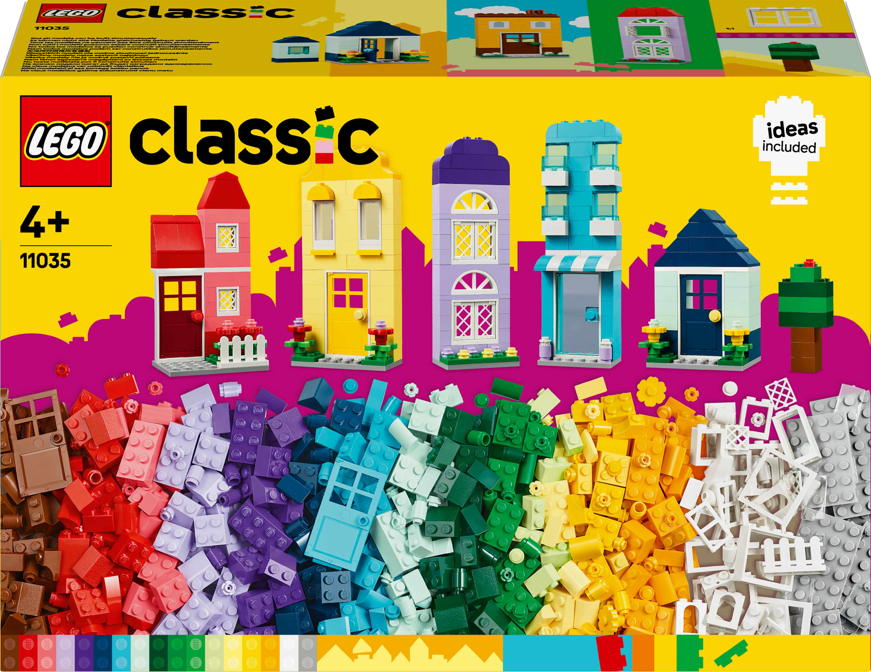 Set LEGO Classic. La scatola mostra case colorate. Varietà di mattoncini e opzioni di costruzione per bambini.