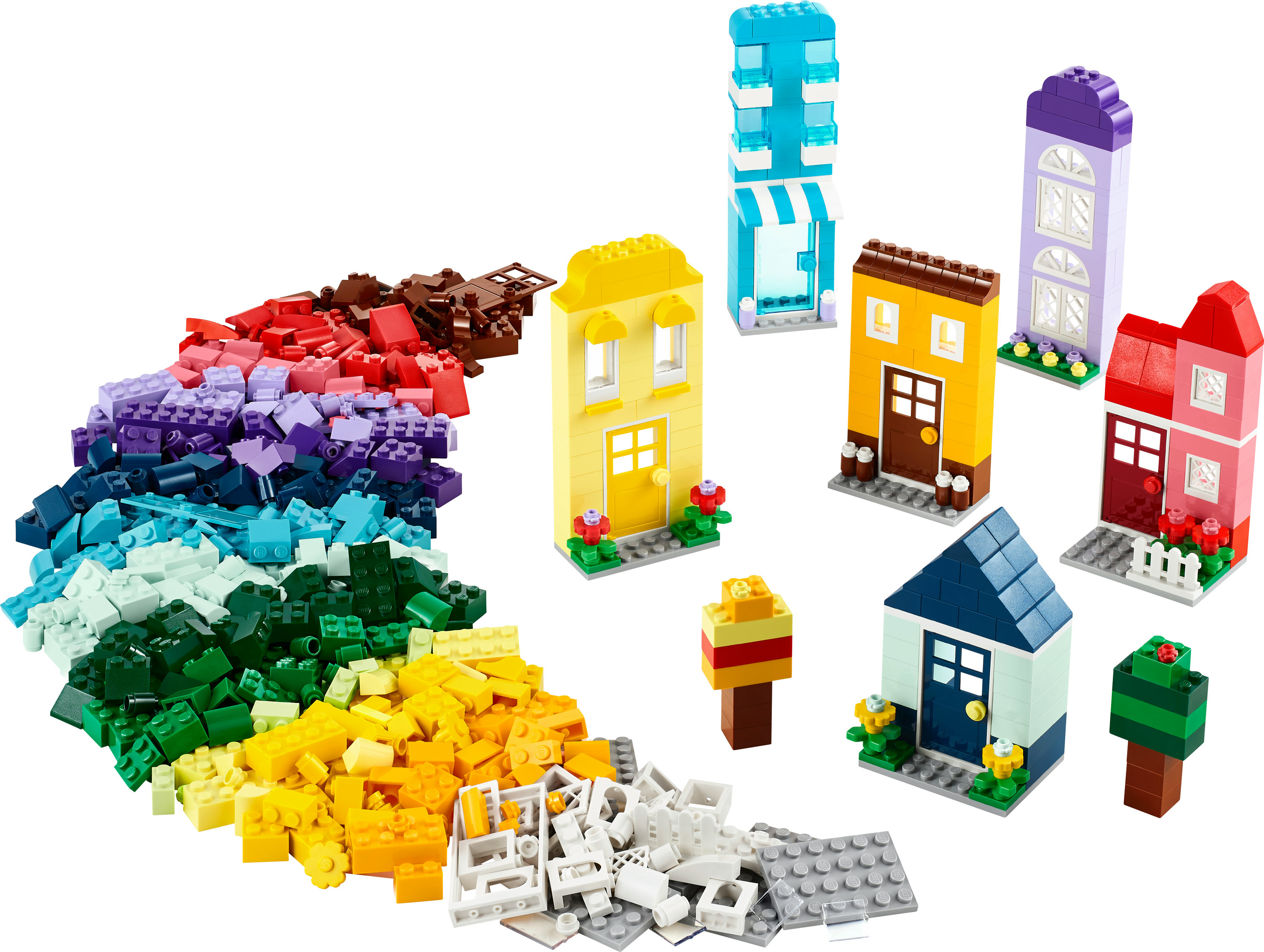 Un set Lego Classic con mattoncini colorati e vari modelli di piccole case.