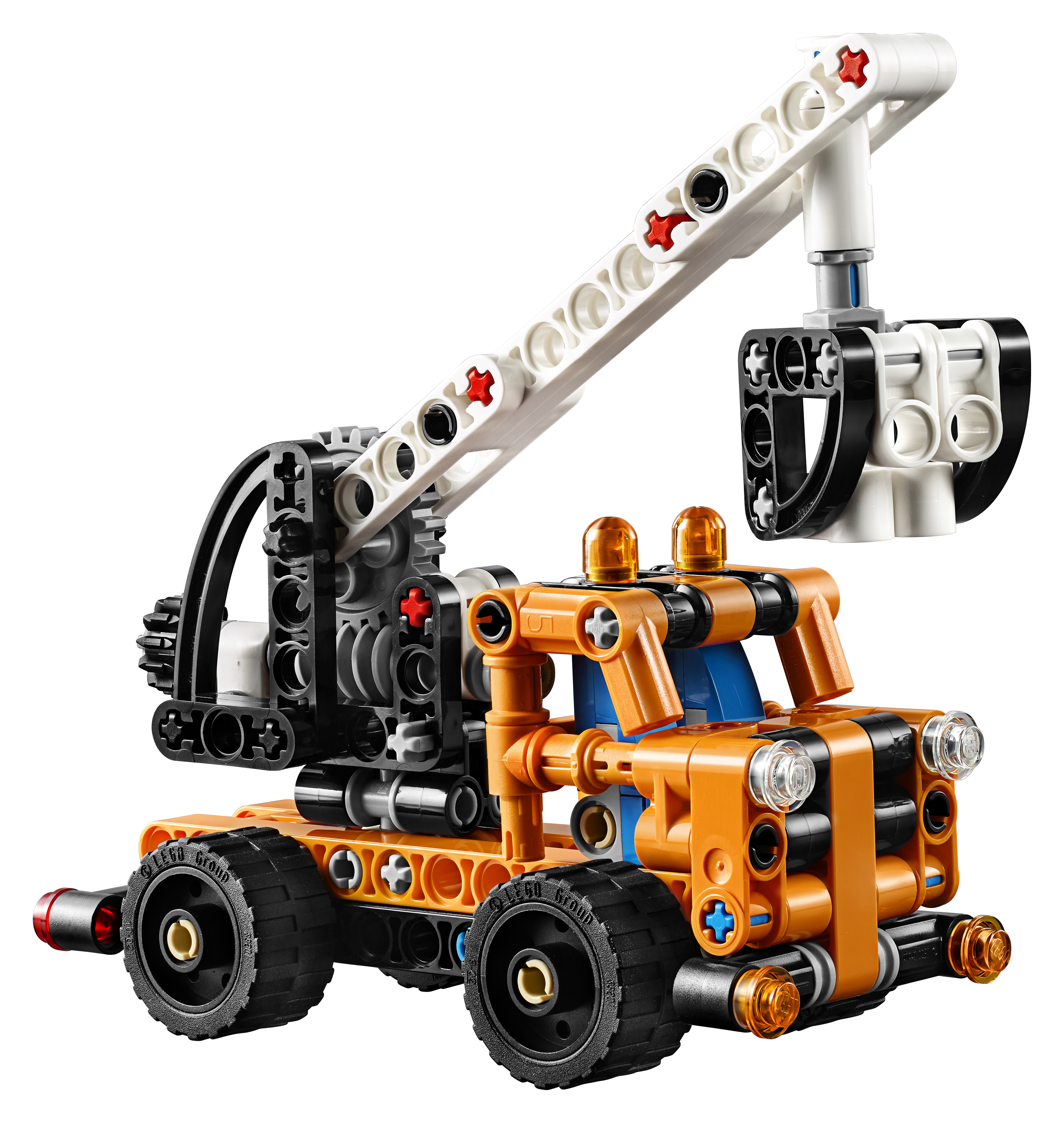 A Lego crane truck model, orange and black, with a white crane arm.