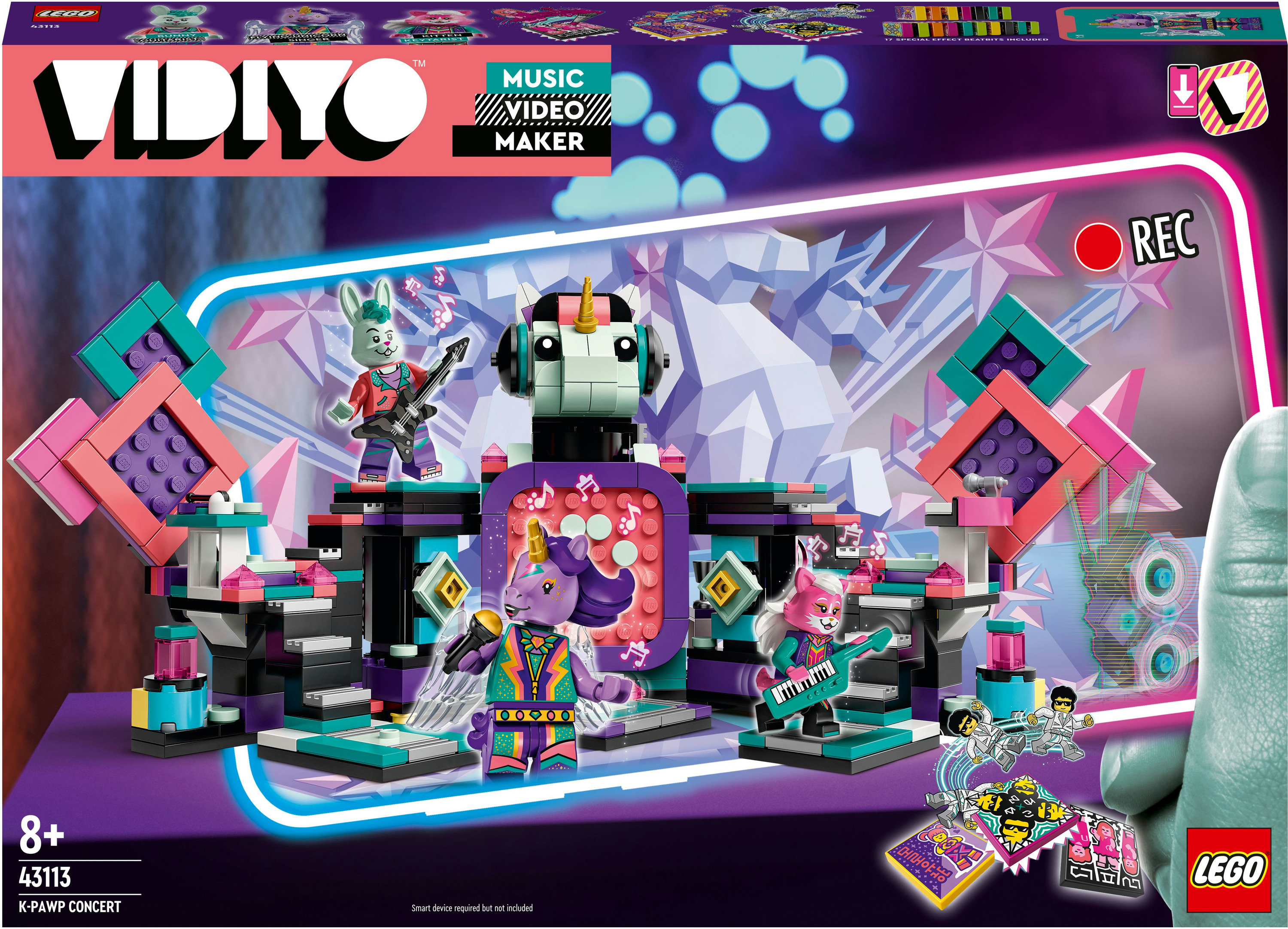 Pudełko zestawu LEGO Vidiyo ze sceną i minifigurkami. Ręka jest w prawym rogu.