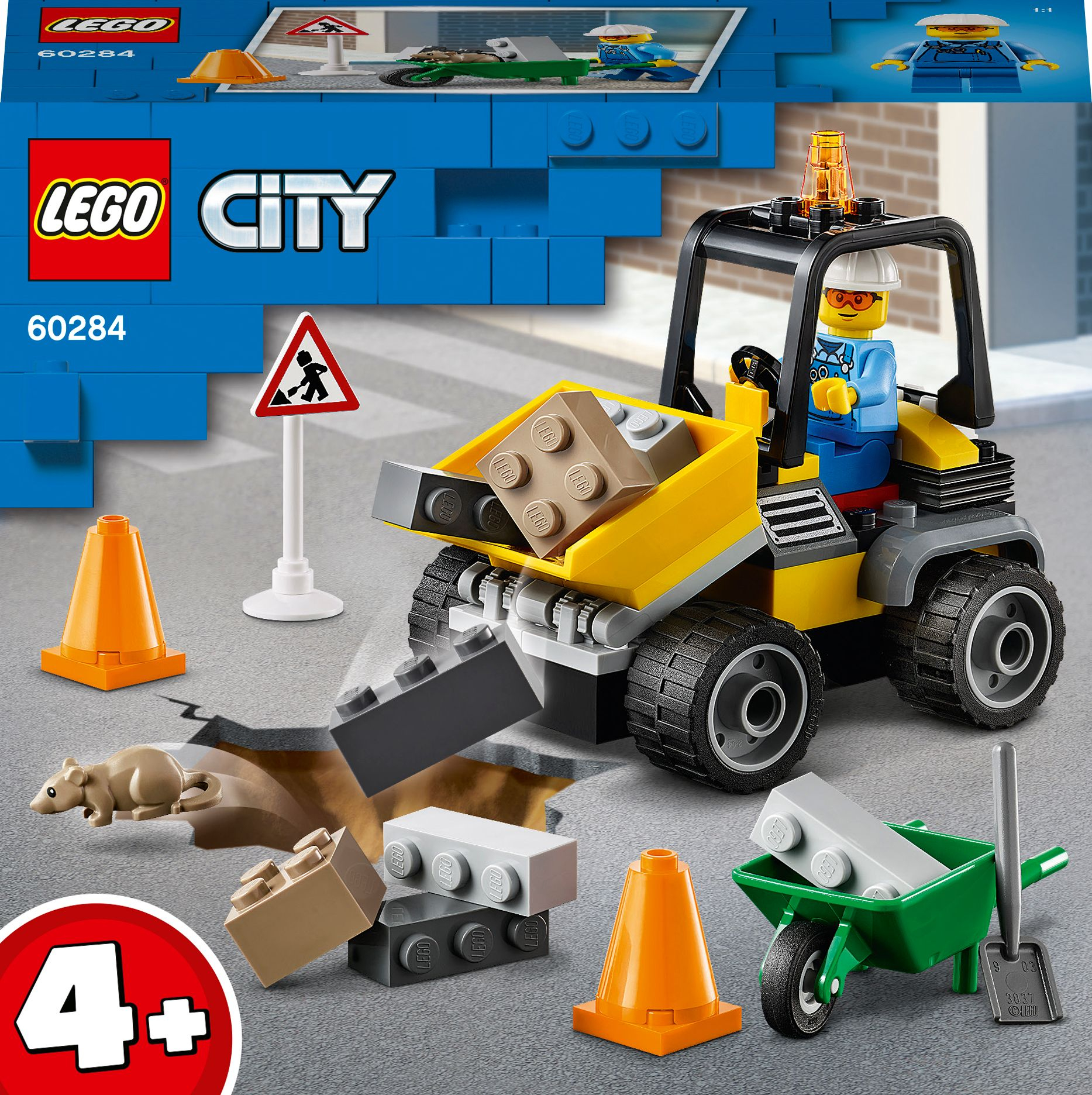 Ein Lego City Set. Ein gelber Frontlader und ein Bauarbeiter werden gezeigt.