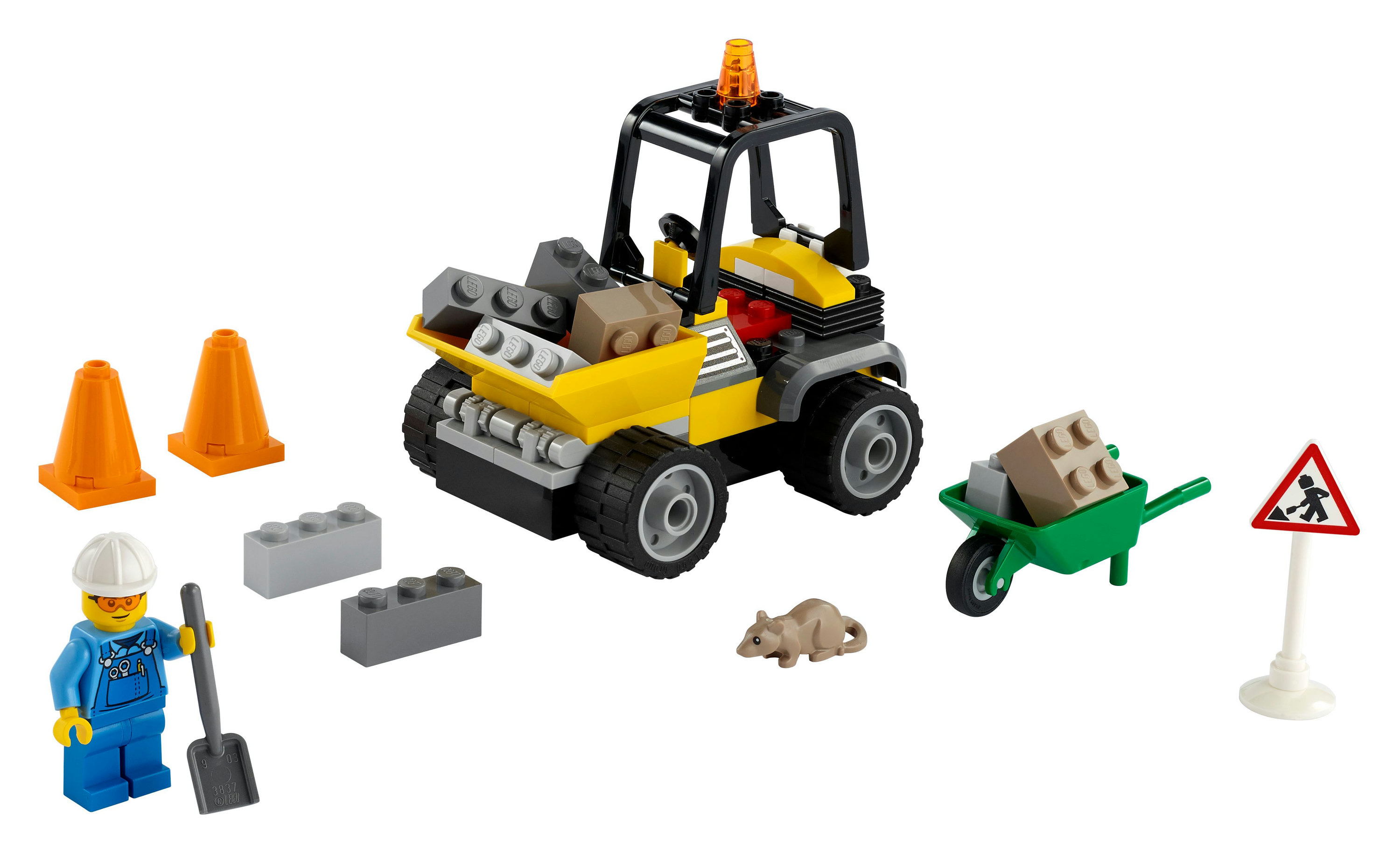 LEGO City Construction Set, einschließlich gelbem Gabelstapler, Figuren, Kegeln und Bausteinen.