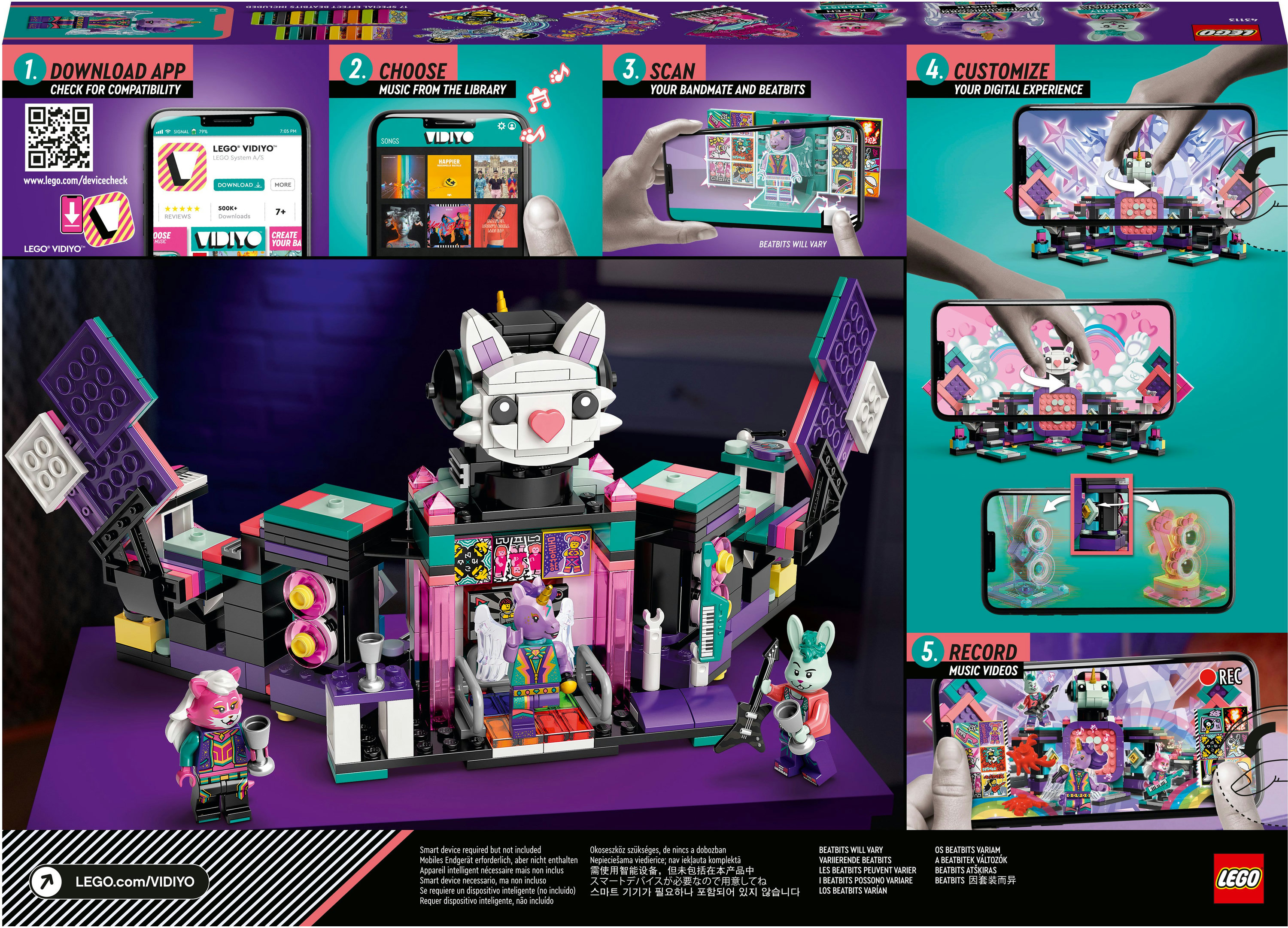 Instrukcje zestawu Lego Vidiyo. Zawiera figurki, instrumenty i ustawienia sceniczne z rekwizytami.