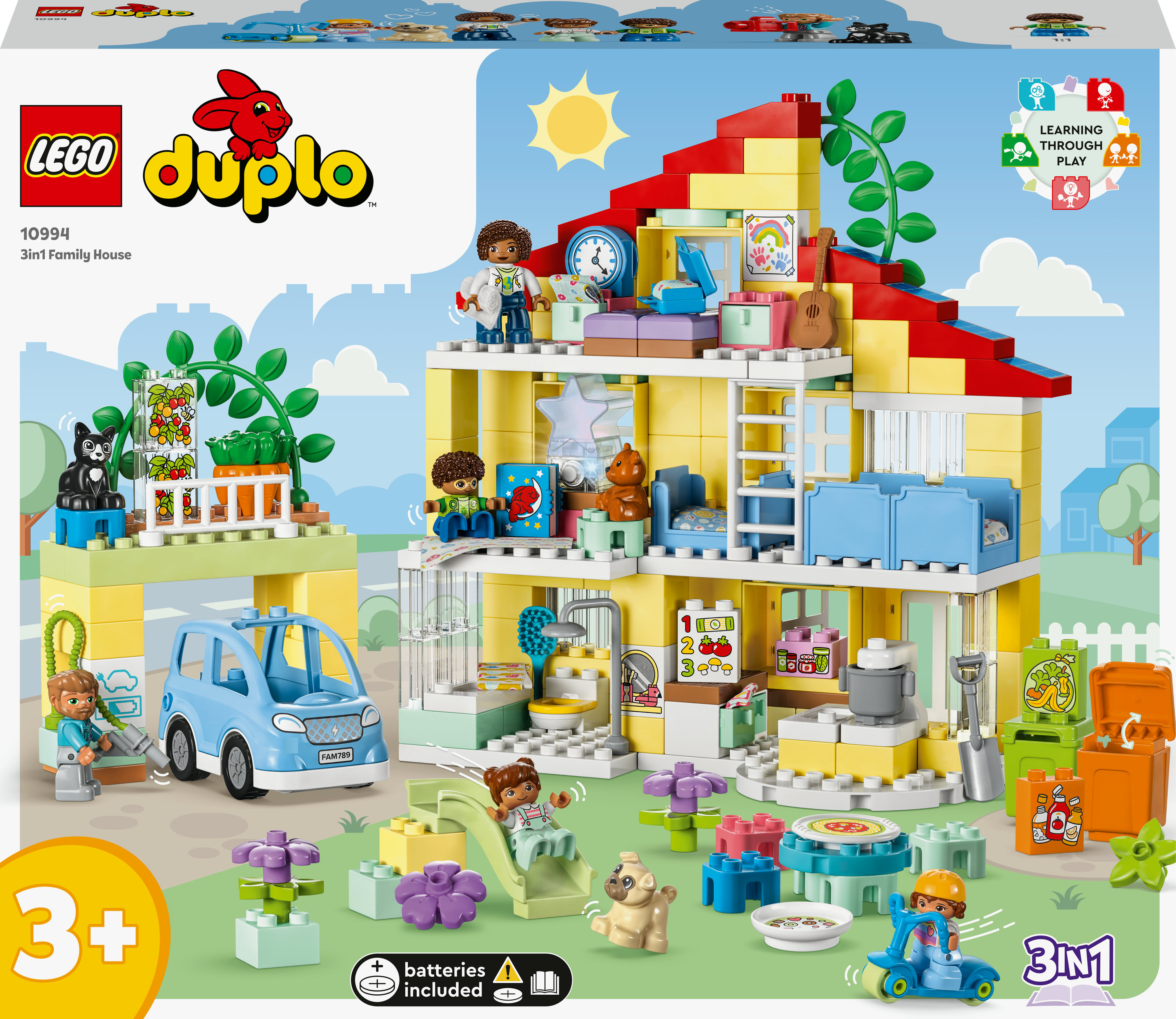 Set Lego Duplo 3 in 1 casa famiglia, con casa, auto e personaggi.