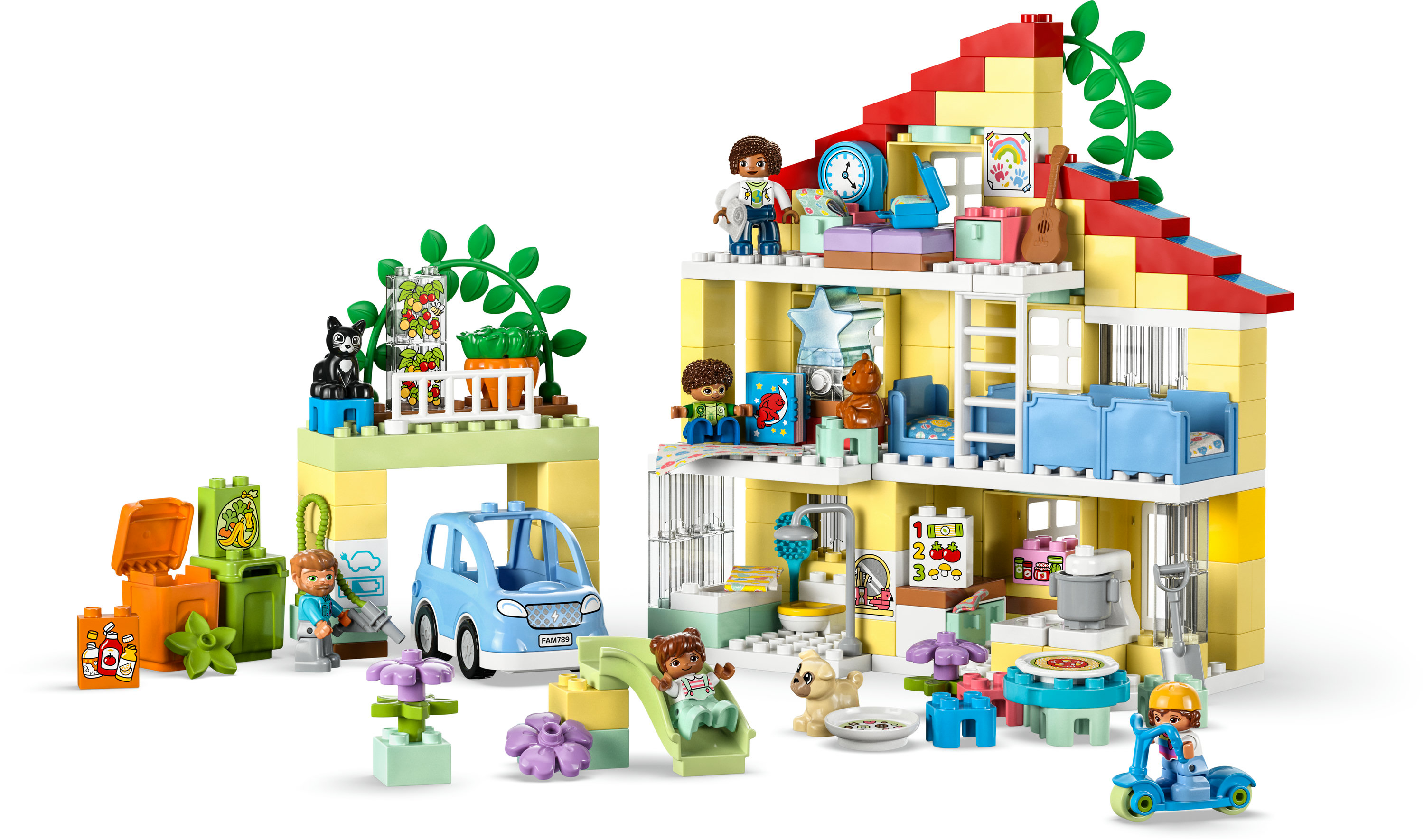 Set casa Lego Duplo, mostra una casa multilivello con personaggi e accessori, colori vivaci.