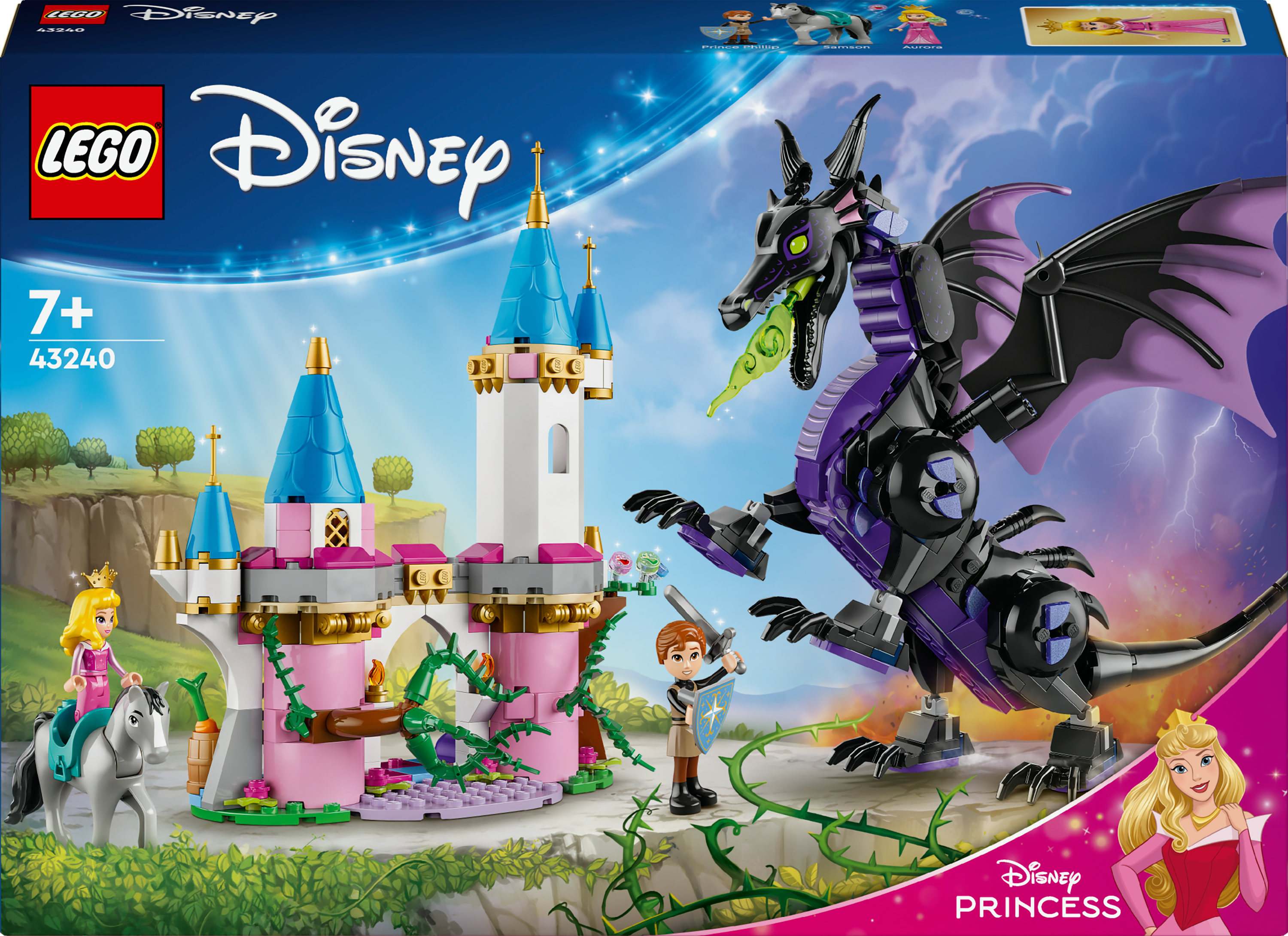 Set Lego Disney Princesas con castillo, dragón y Aurora con príncipe y caballo.