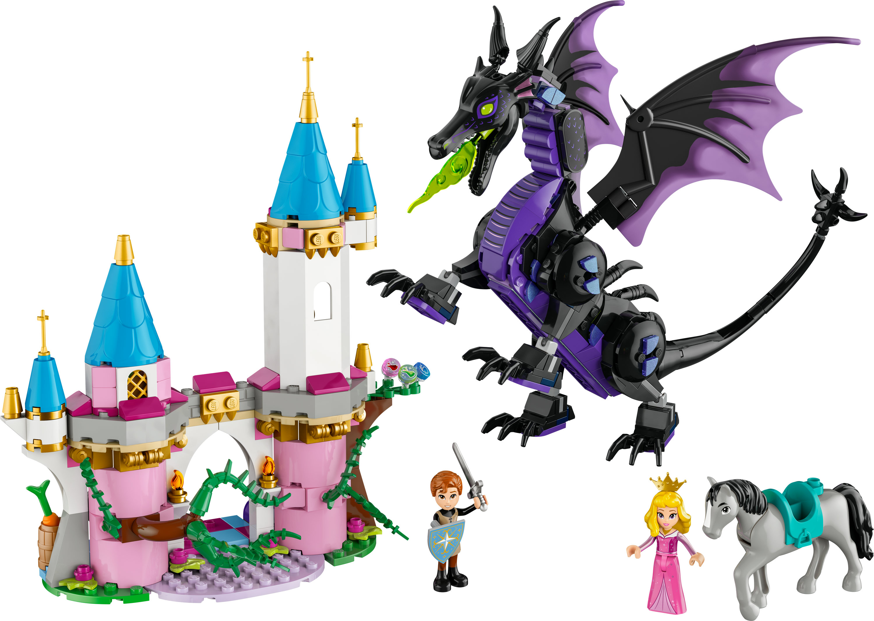 Un set de Lego con un castillo, un dragón y figuras de un caballero, una princesa y un caballo.