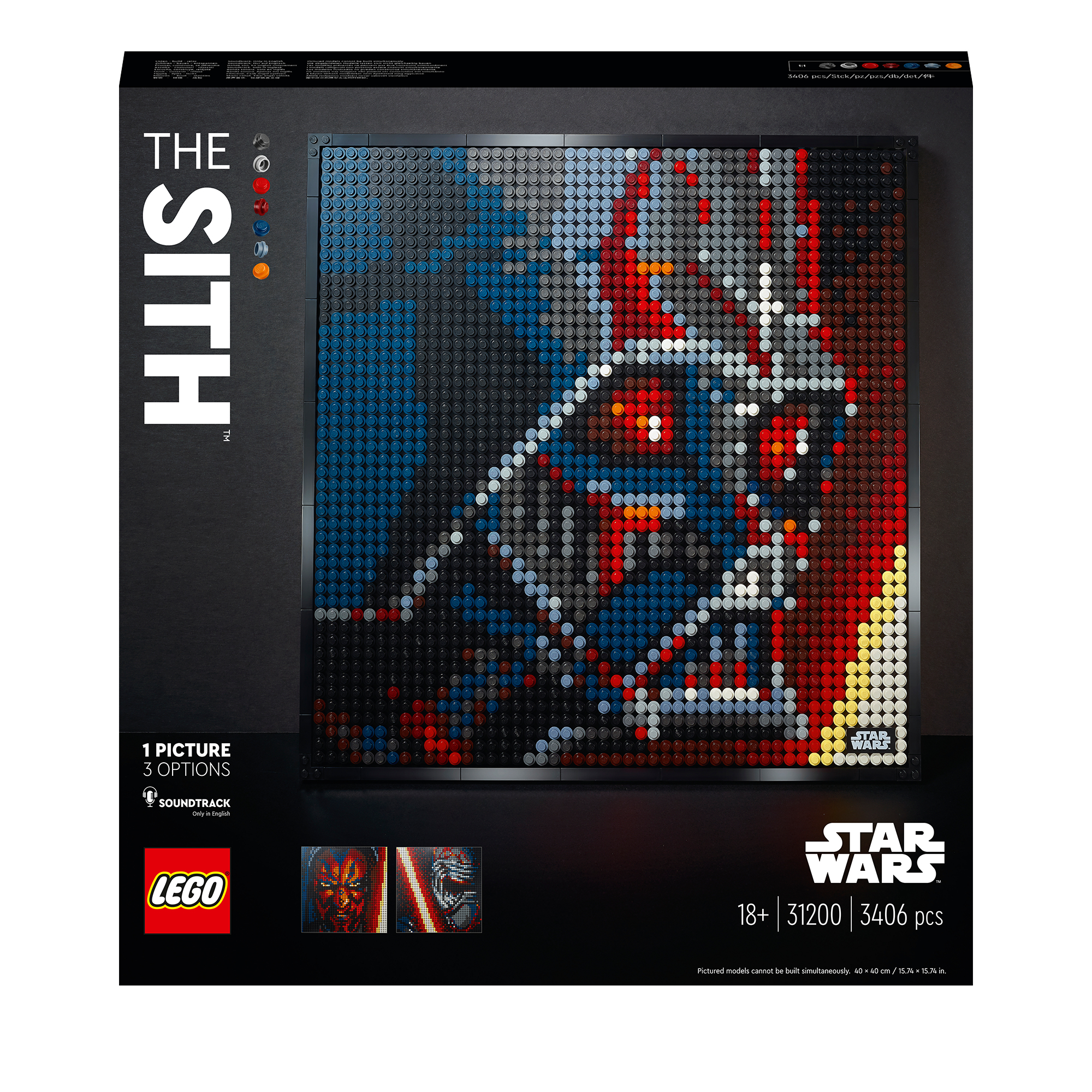 Ein Lego Star Wars Set mit Darth Vader aus Steinen auf schwarzem Hintergrund, Box-Art sichtbar.