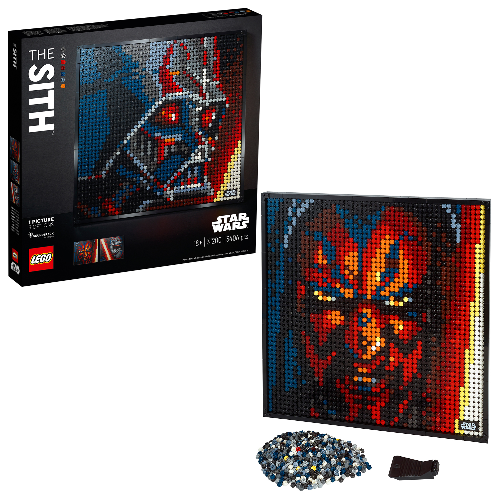 Ein LEGO Star Wars Darth Maul Mosaik-Set und die Box. Das Mosaik zeigt Darth Mauls Gesicht.