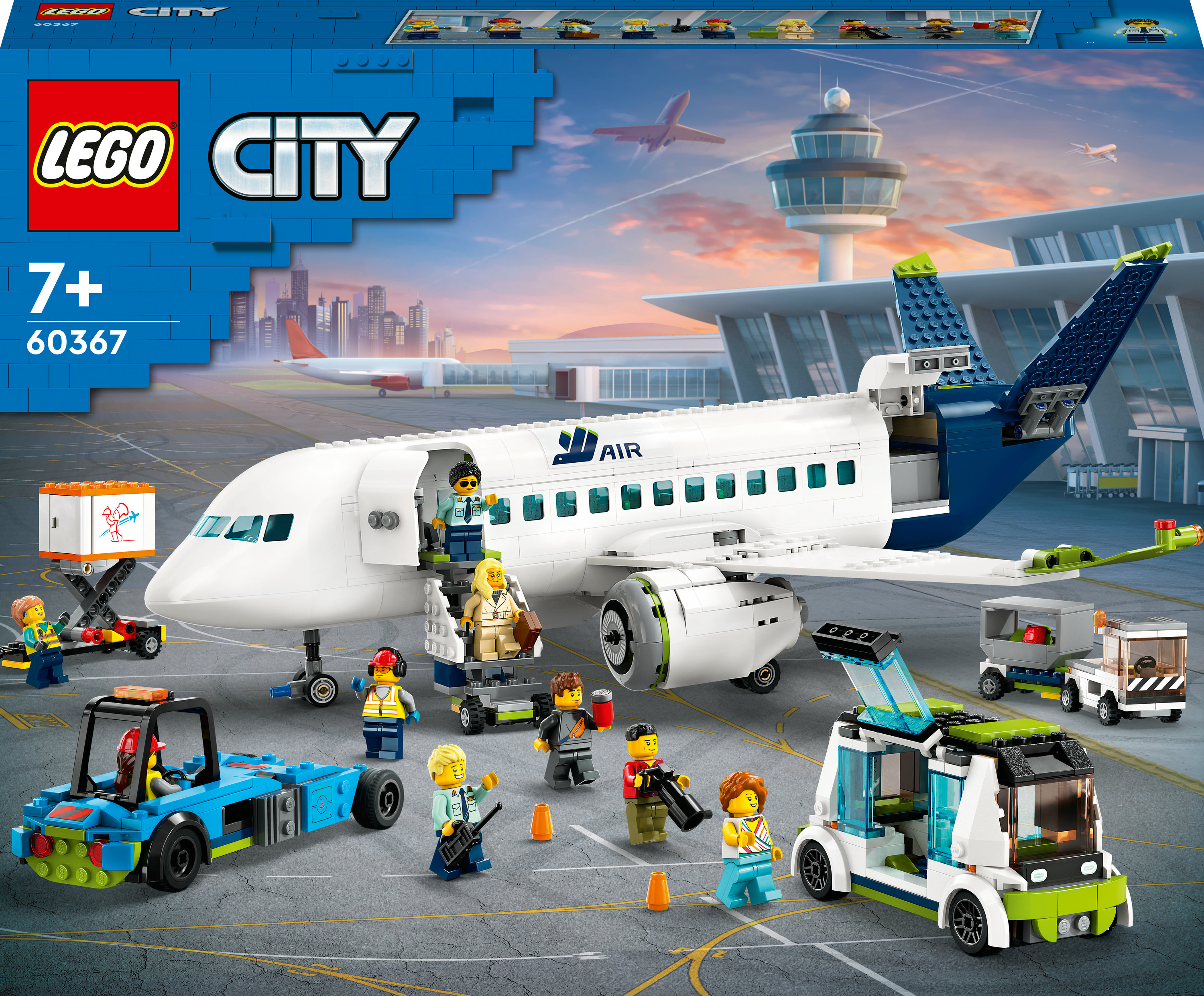 Zestaw Lego City Lotnisko z samolotem, pojazdami i minifigurkami.