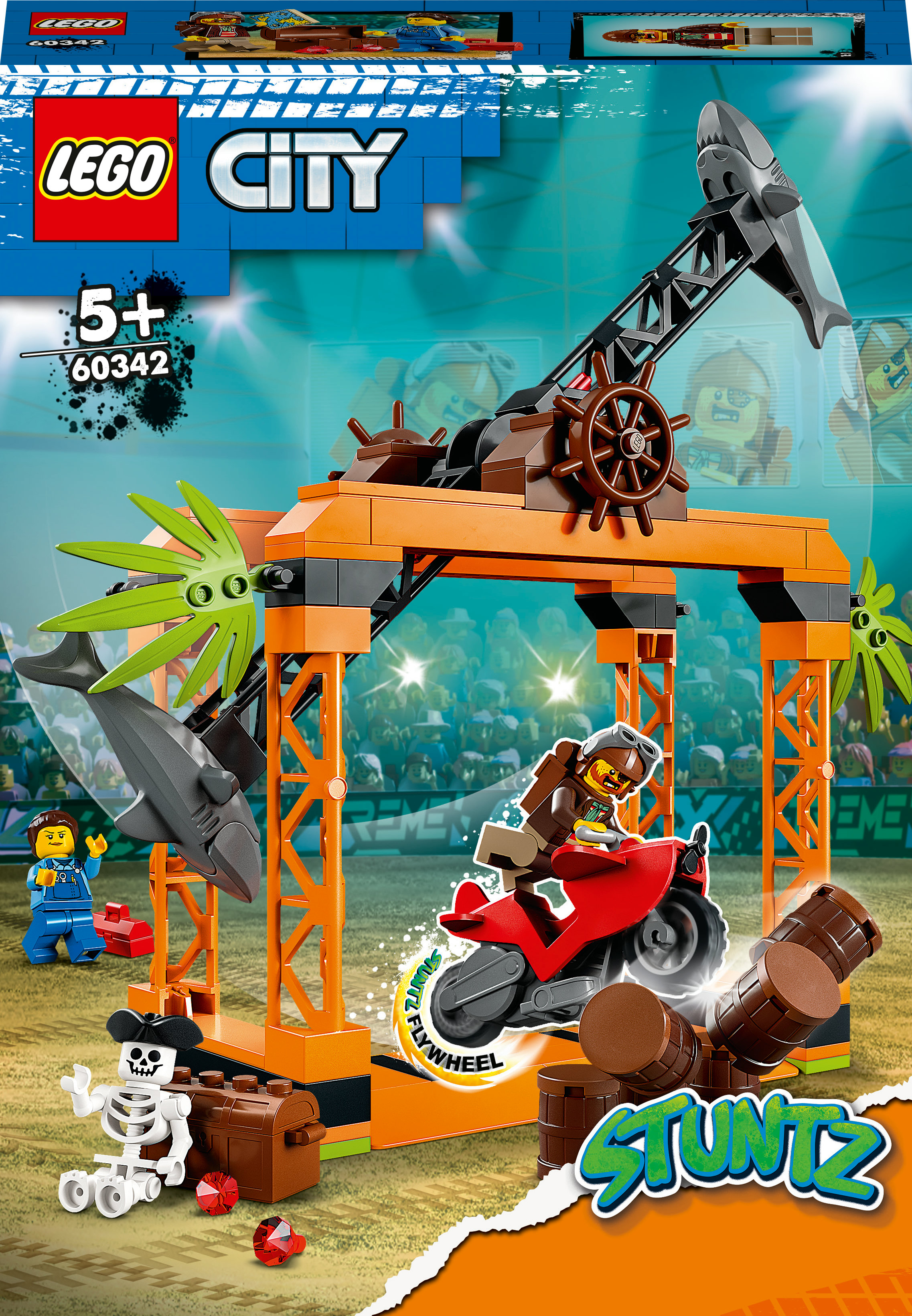 LEGO City stuntshow-set met een motor, kraan en diverse figuren die stunts uitvoeren.