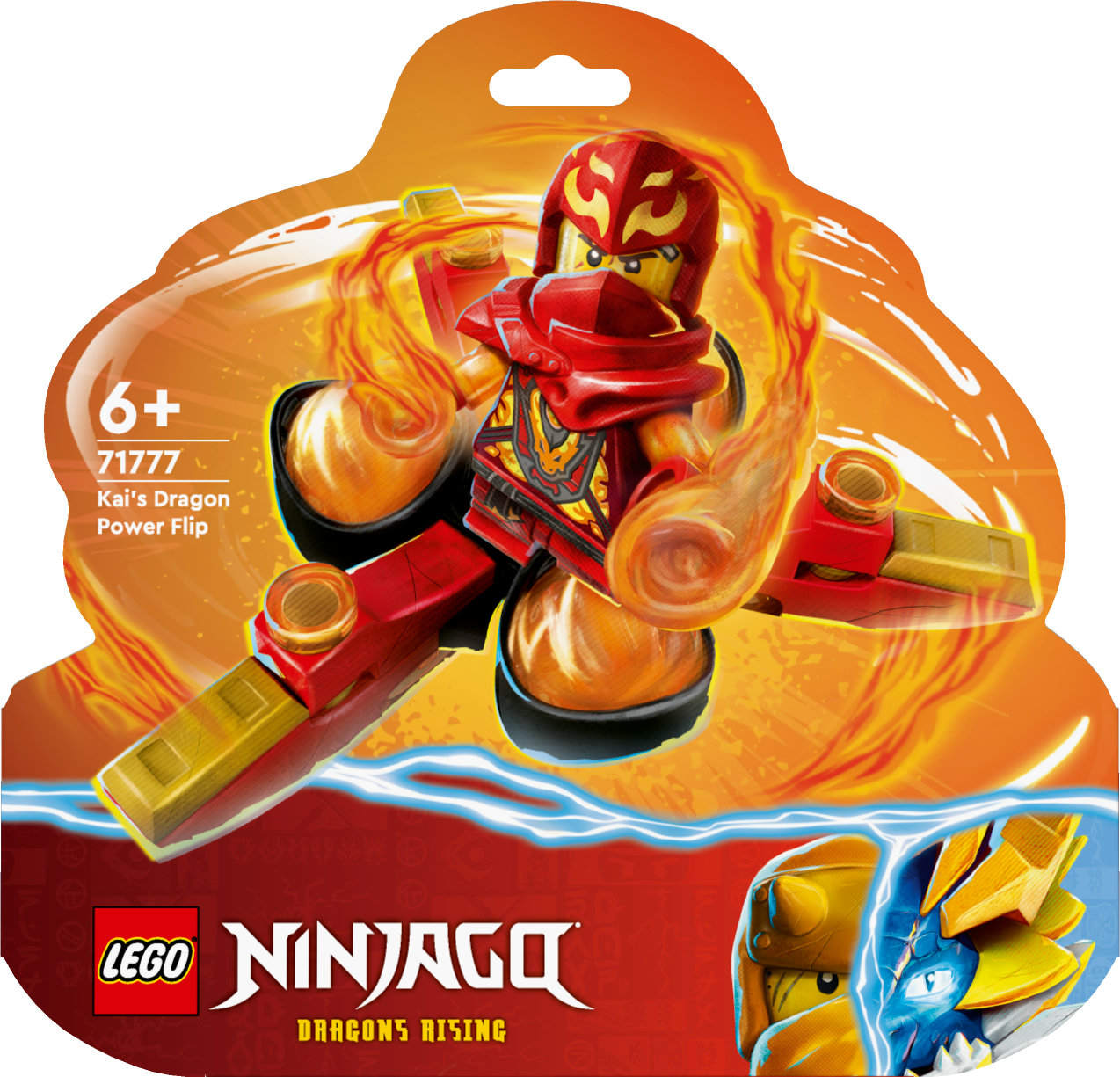 Opakowanie zestawu Lego Ninjago Kai's Dragon Power Flip. Opakowanie jest czerwone i pomarańczowe.
