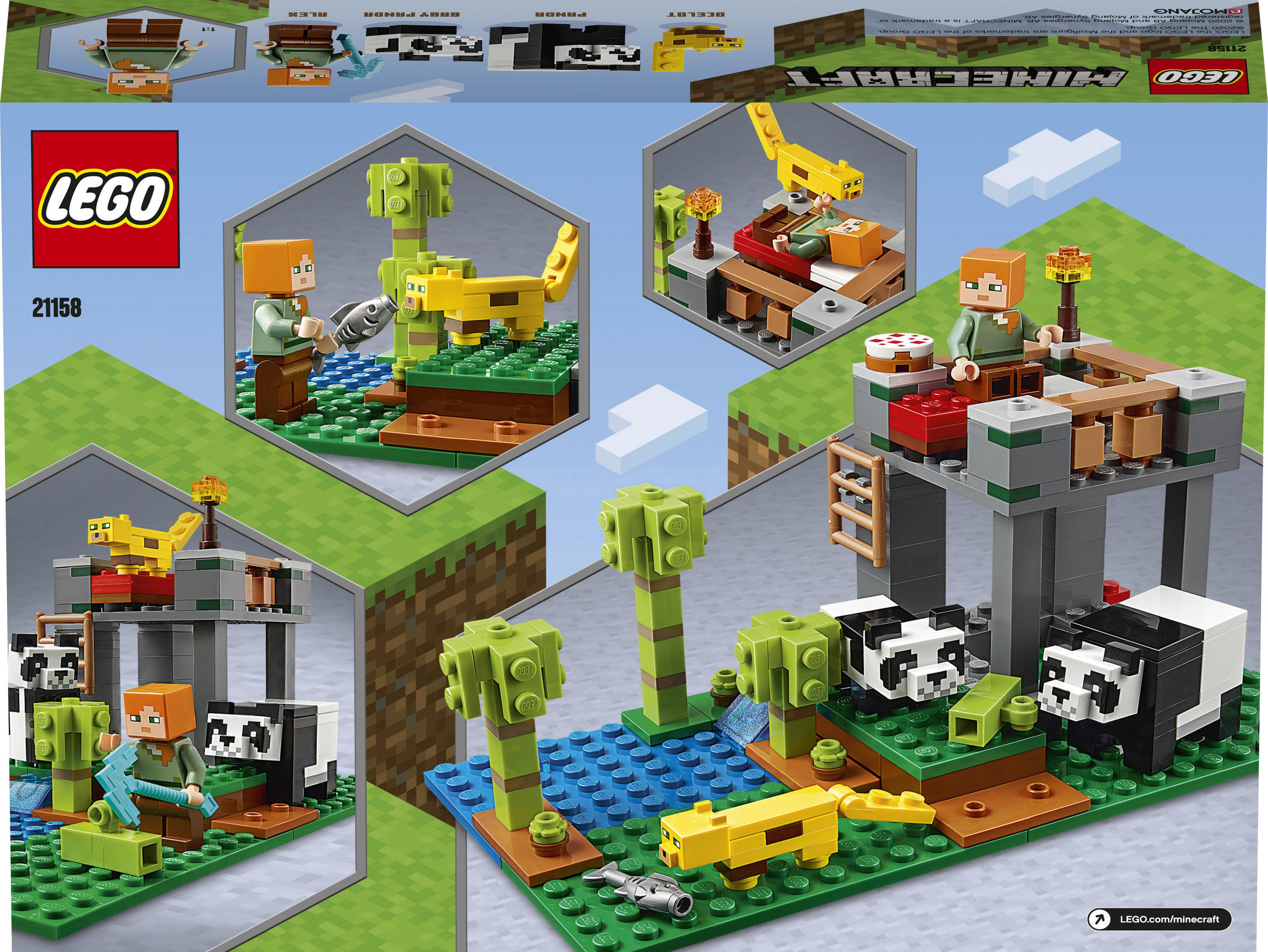 Pudełko zestawu LEGO Minecraft. Pokazuje scenę z postaciami, drzewami, pandami i żółtym kotem.