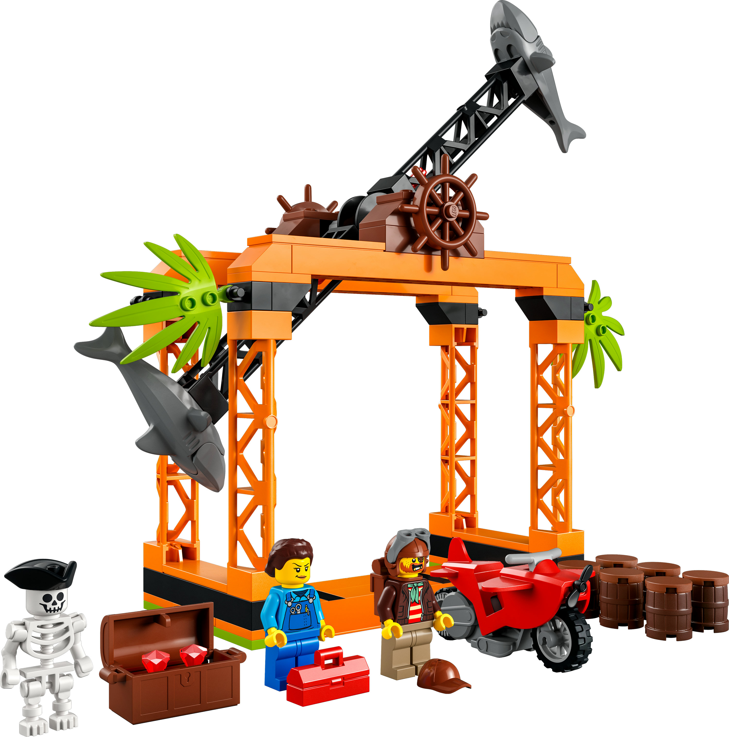 Lego piratenset met een kraan, een rode motor, figuren en een schatkist. De set is oranje.