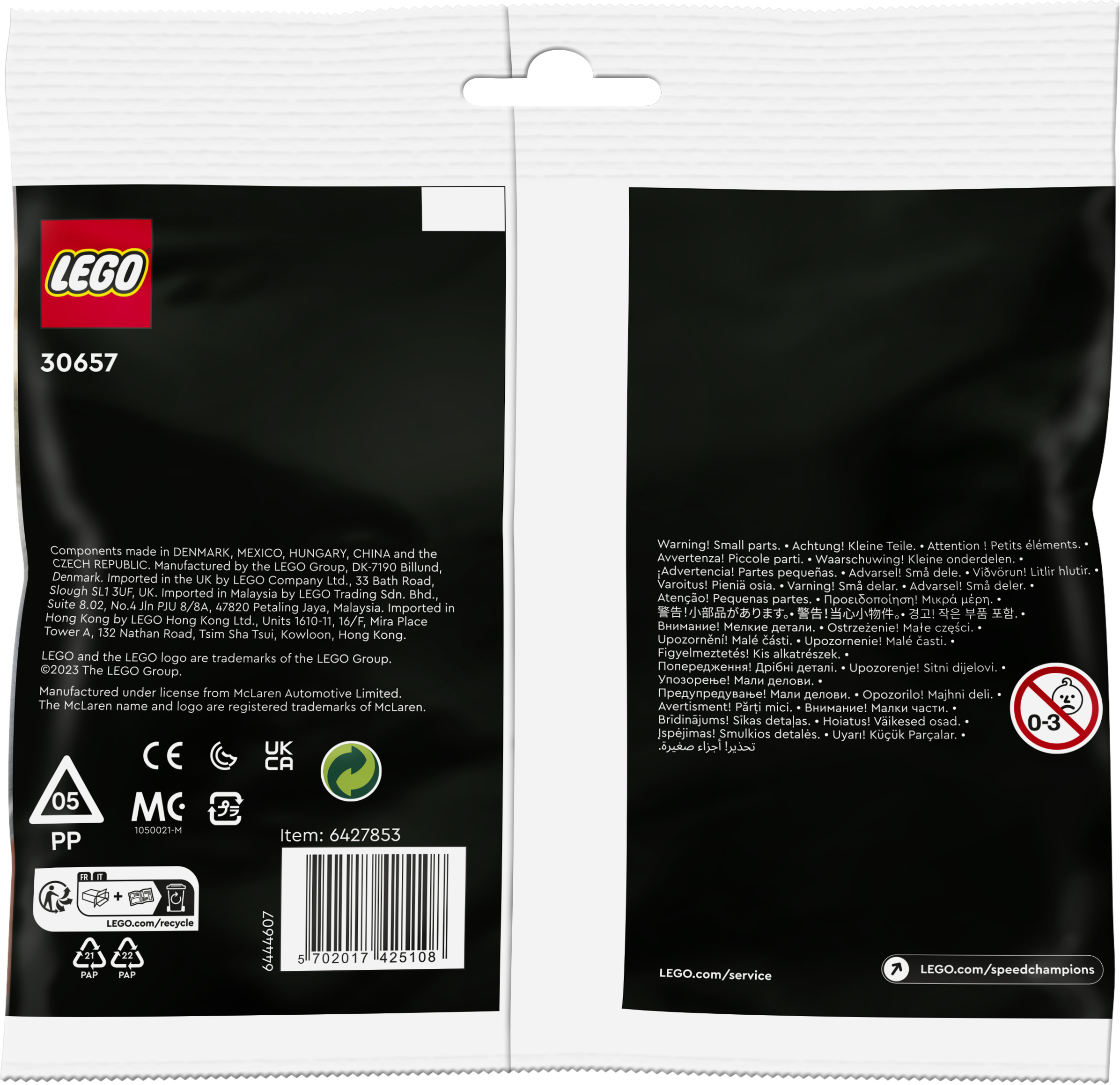 Opakowanie zestawu Lego. Białe i przezroczyste opakowanie z tekstami i logo Lego.