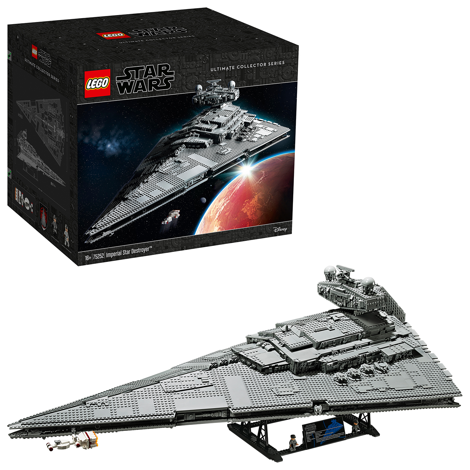 Model Lego Star Wars Imperial Star Destroyer. Duży szary model statku kosmicznego. Pudełko ze zdjęciem statku. Czerwone tło planety.