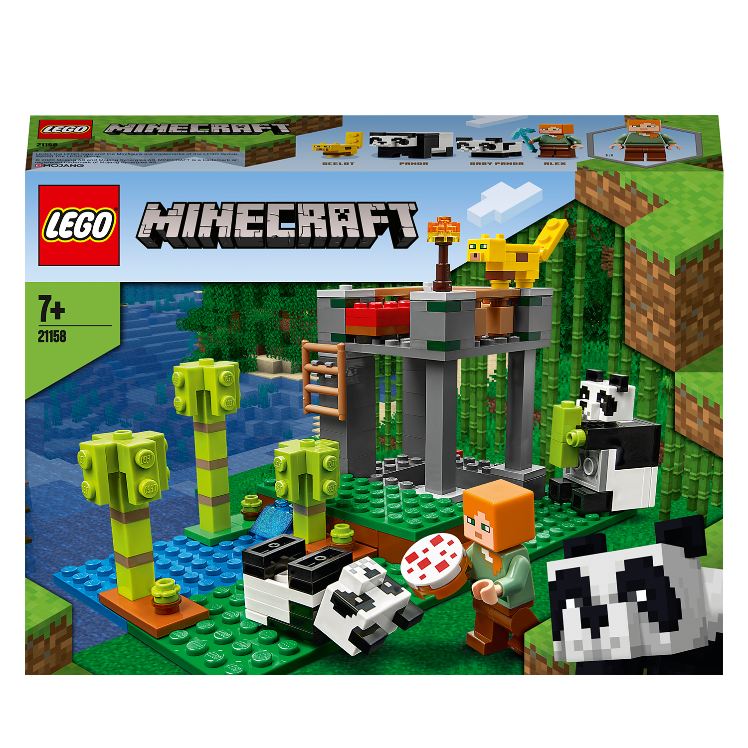 Pudełko zestawu Lego Minecraft. Pokazuje scenę Minecraft z figurkami, rzeką i drzewami. Zielony i niebieski.
