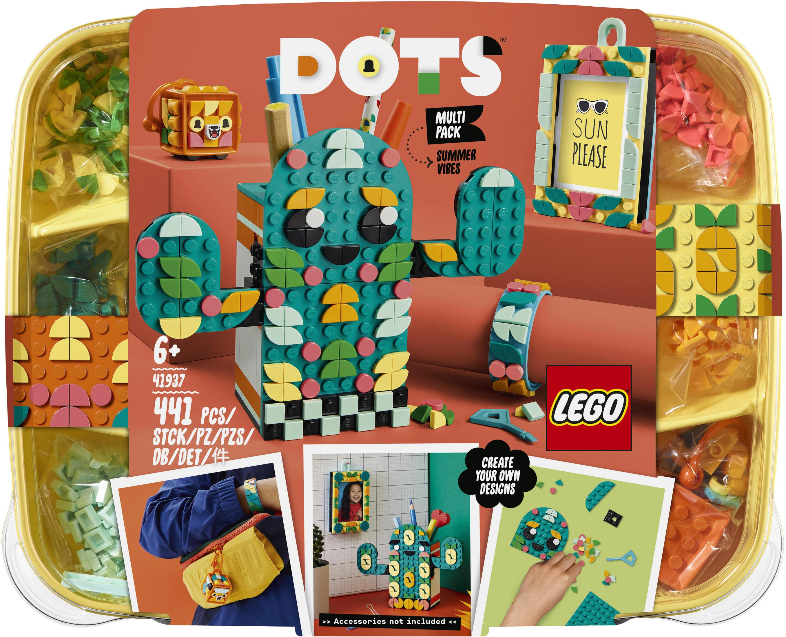 Zestaw LEGO Dots z kaktusem, ramkami na zdjęcia, bransoletką i schowkiem. Zawiera żółtą tacę z wieloma elementami.