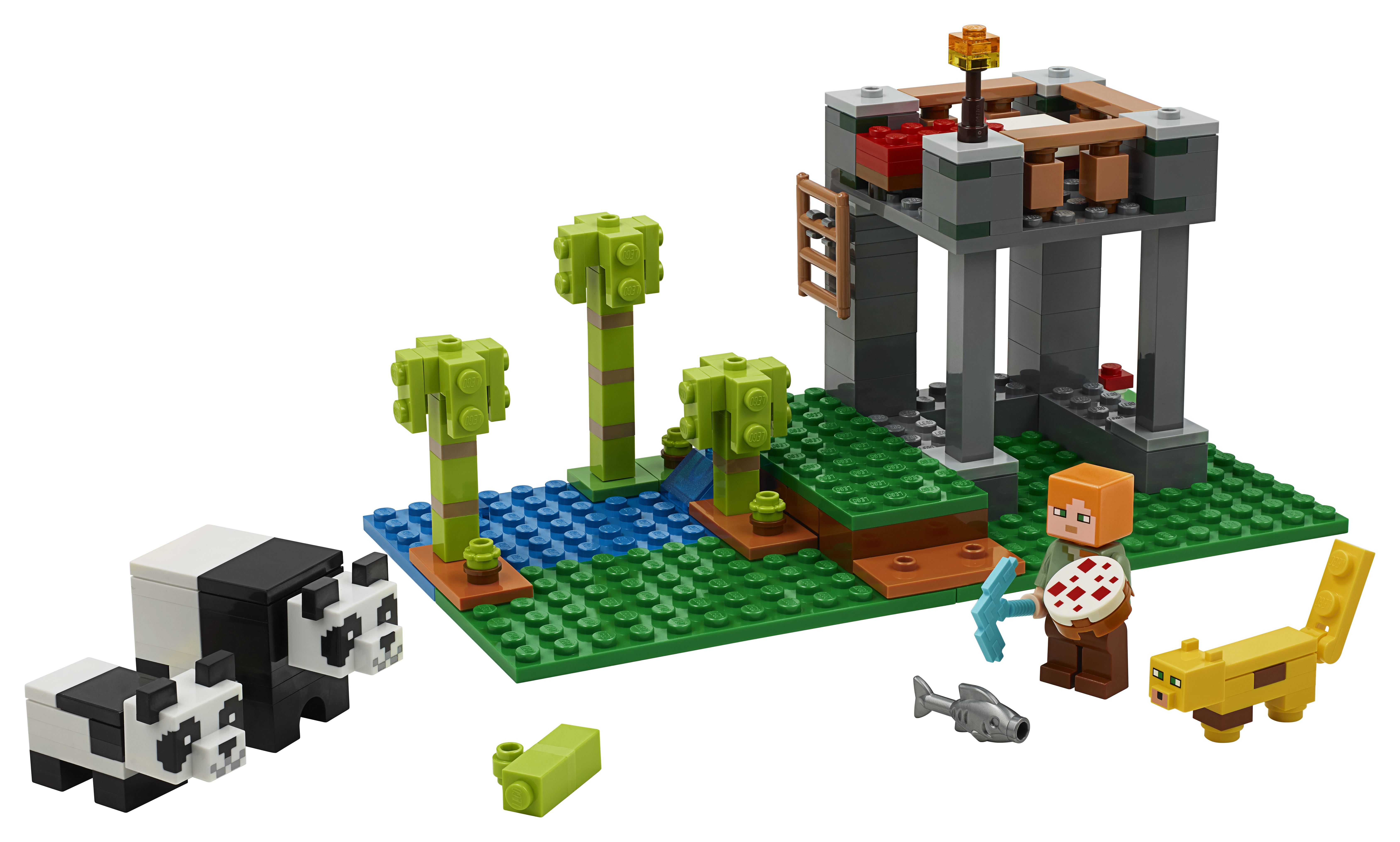 Zestaw Lego Minecraft: Pandy, struktura i postać z mieczem i tarczą.