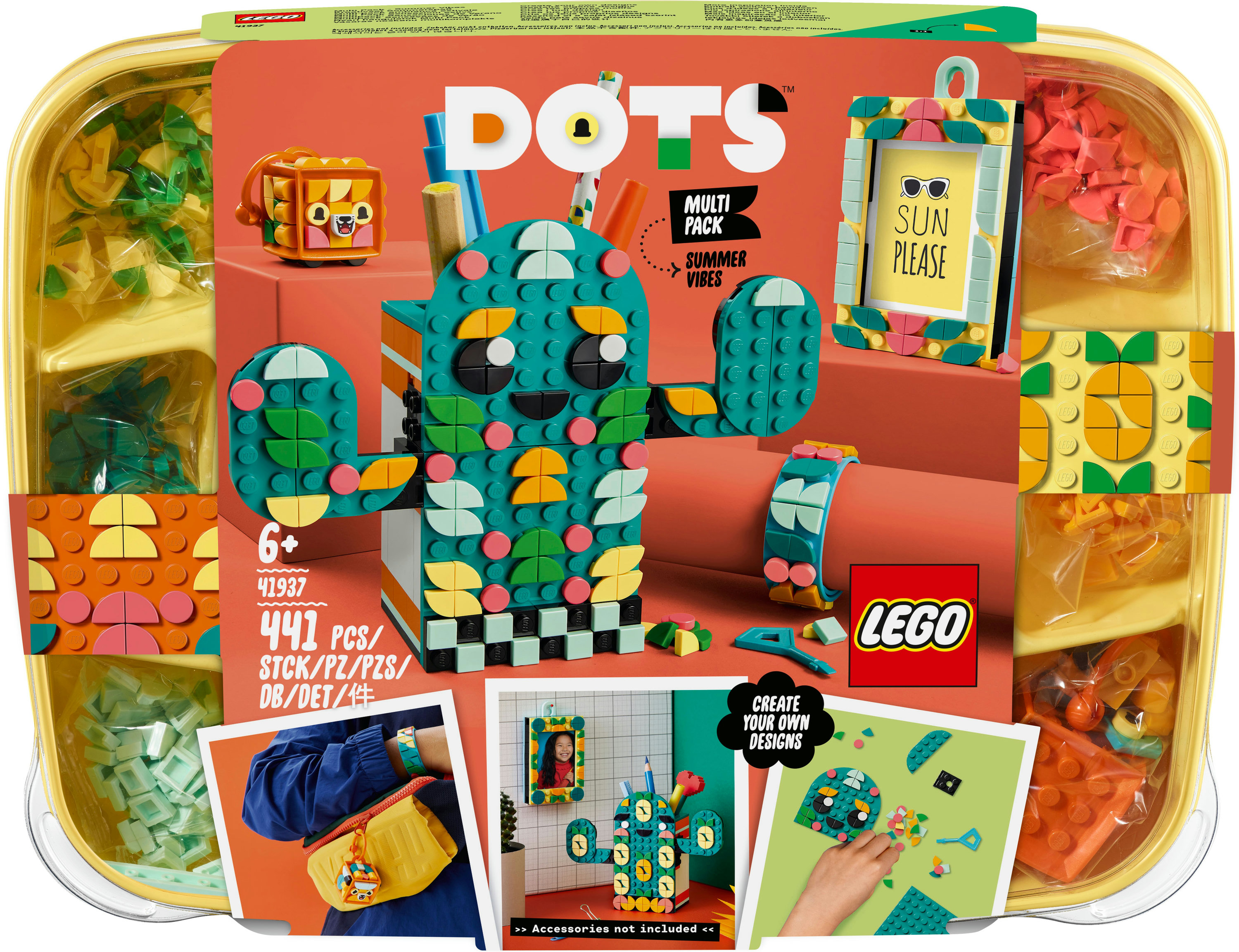 LEGO DOTS multi-pack. Kaktus, bransoletka, ramka i inne kolorowe elementy LEGO. Żółta taca.