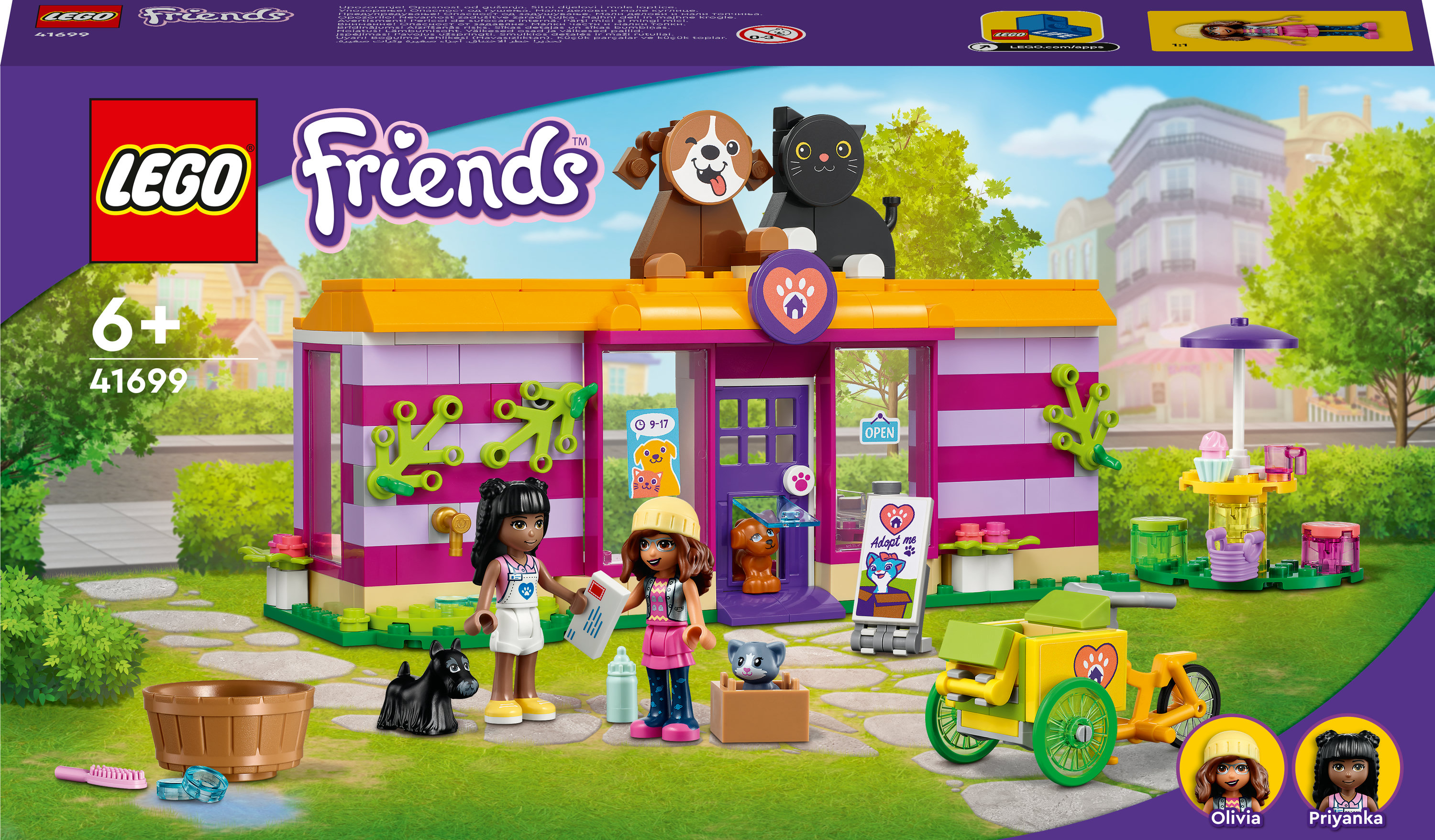 Lego Friends Set: Ein Laden mit Hunden und Katzen, Figuren, Zubehör, einem Wagen und einer Hundeschüssel.