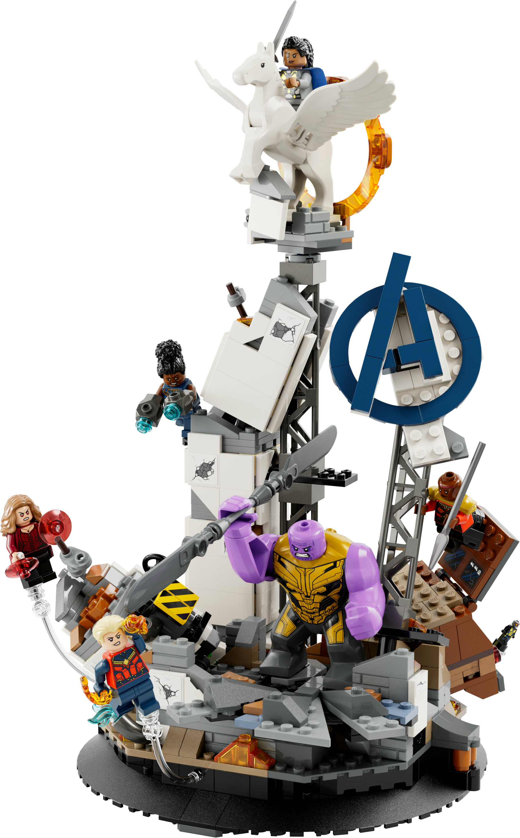 LEGO Marvel Set. Enthält Thanos und andere Charaktere in einer Kampfszene mit einem Turm.