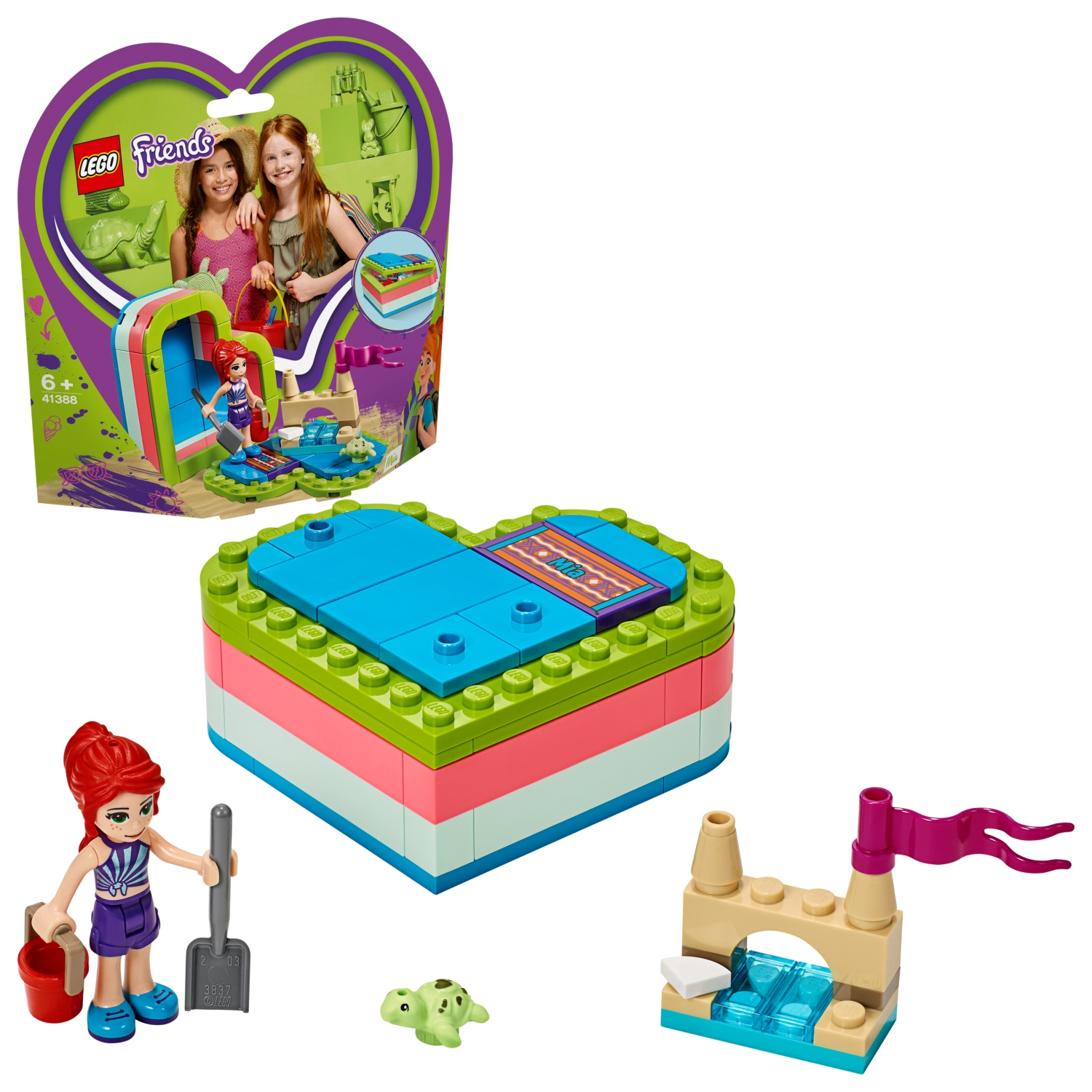 Zestaw Lego Friends z pudełkiem w kształcie serca. Zawiera scenę na plaży z figurką i żółwiem.