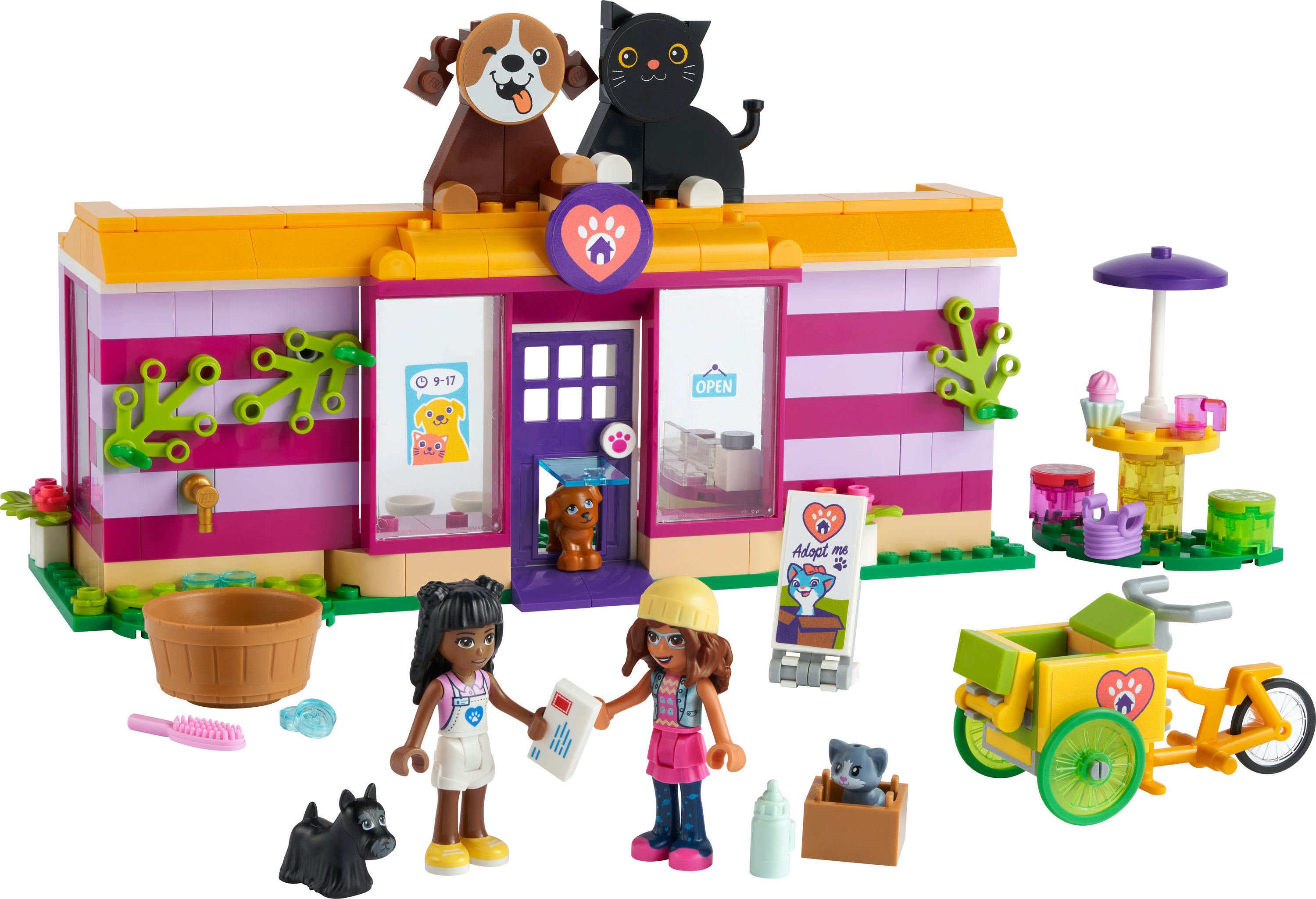 Lego Friends Set: Tierklinik, 2 Figuren, Hund, Katze, Zubehör, Wagen. Bausteine auf weißem Hintergrund.