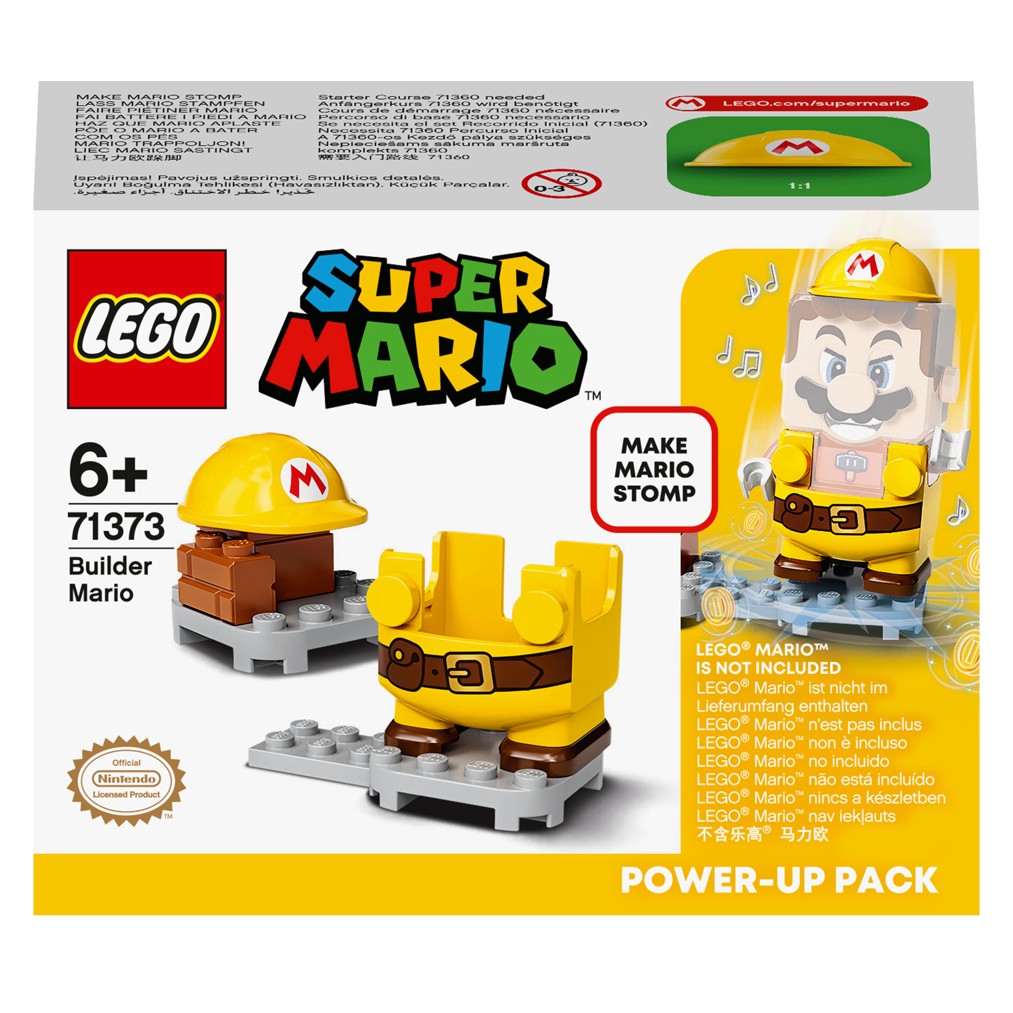 Scatola del set Lego Super Mario: personaggio di Builder Mario, piattaforma gialla, accessori.