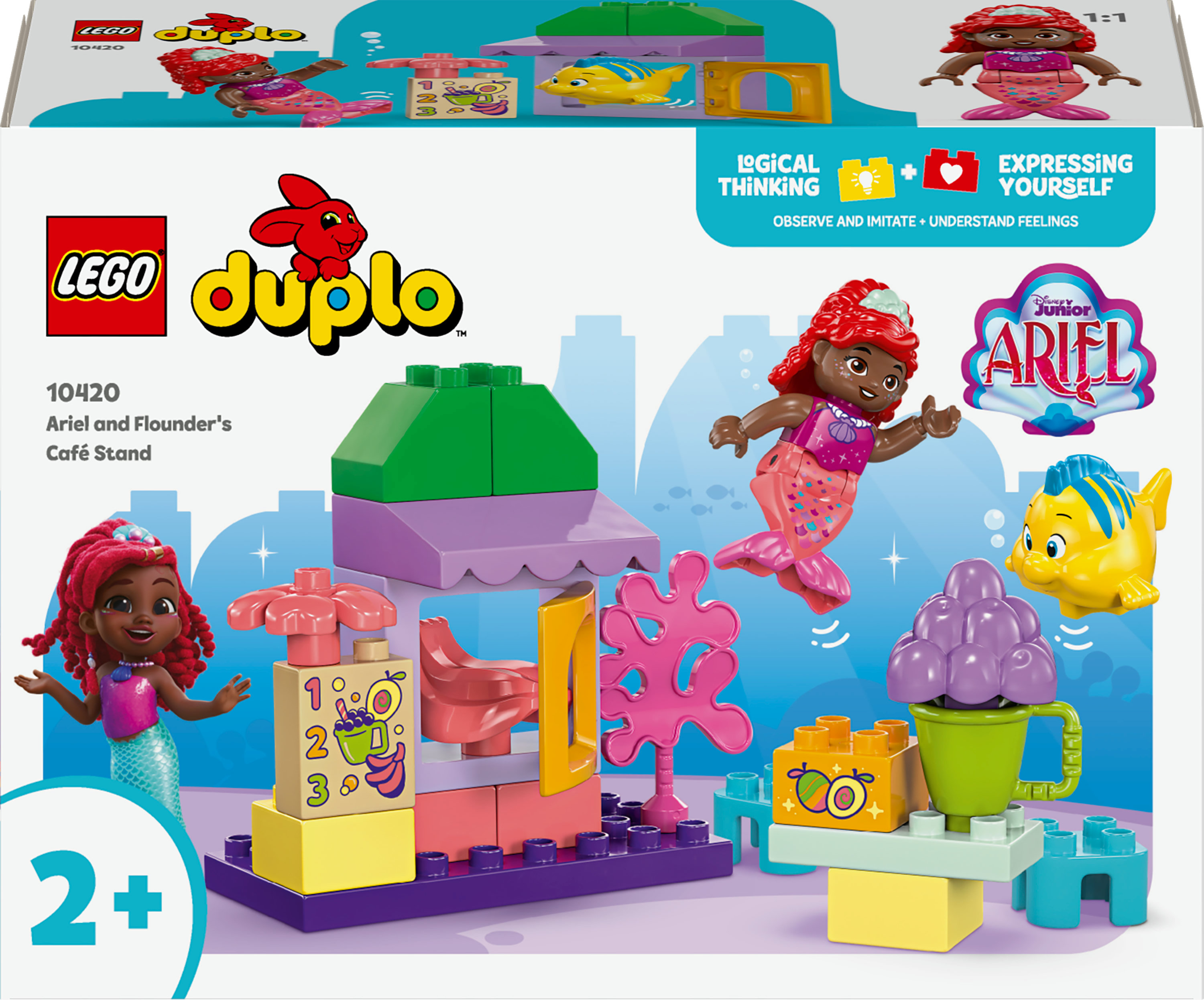 Pudełko zestawu Lego Duplo przedstawia kawiarnię Ariel i Floundera z figurkami Lego Ariel i Floundera.