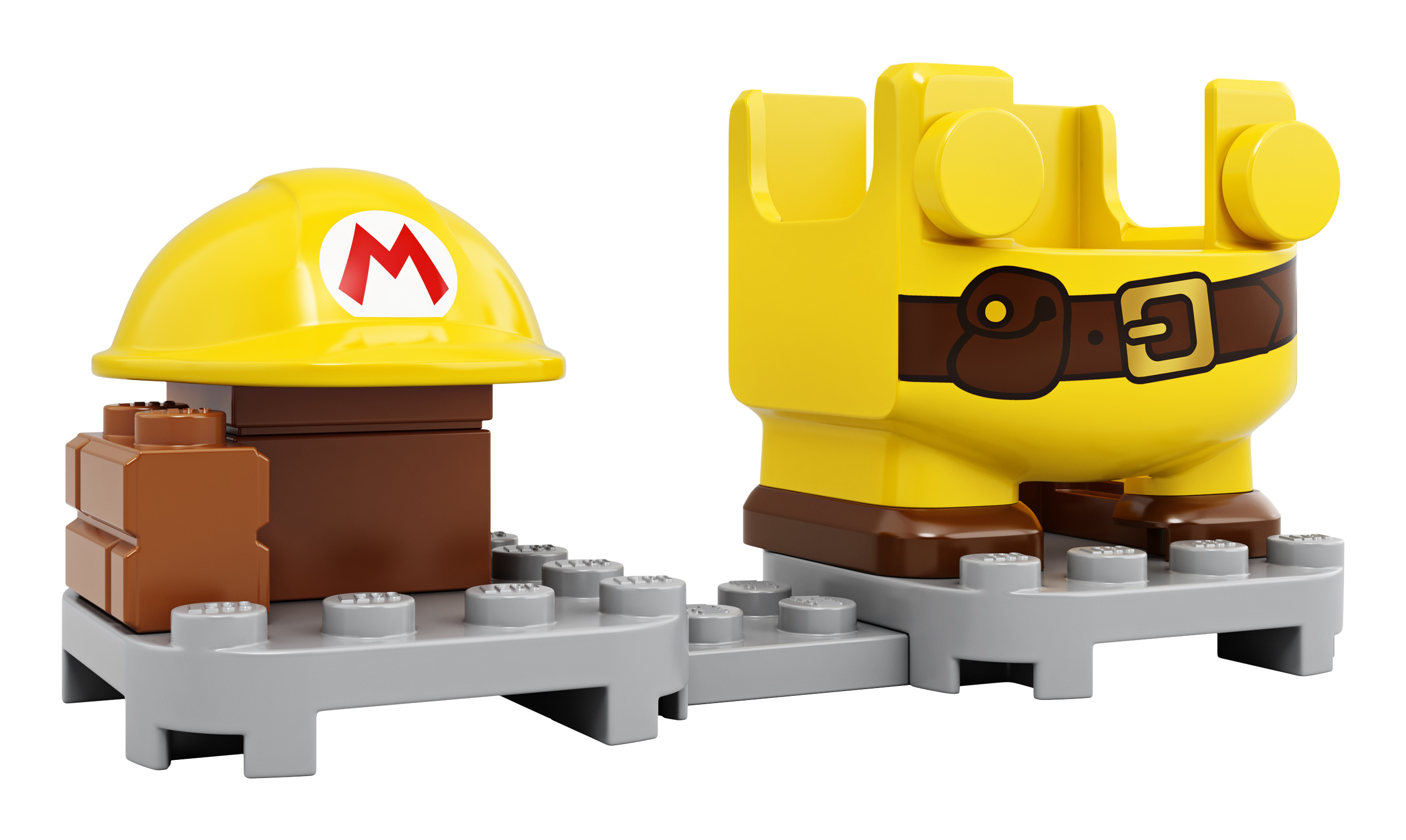 Parti della figura LEGO Super Mario su una base grigia con un casco giallo.